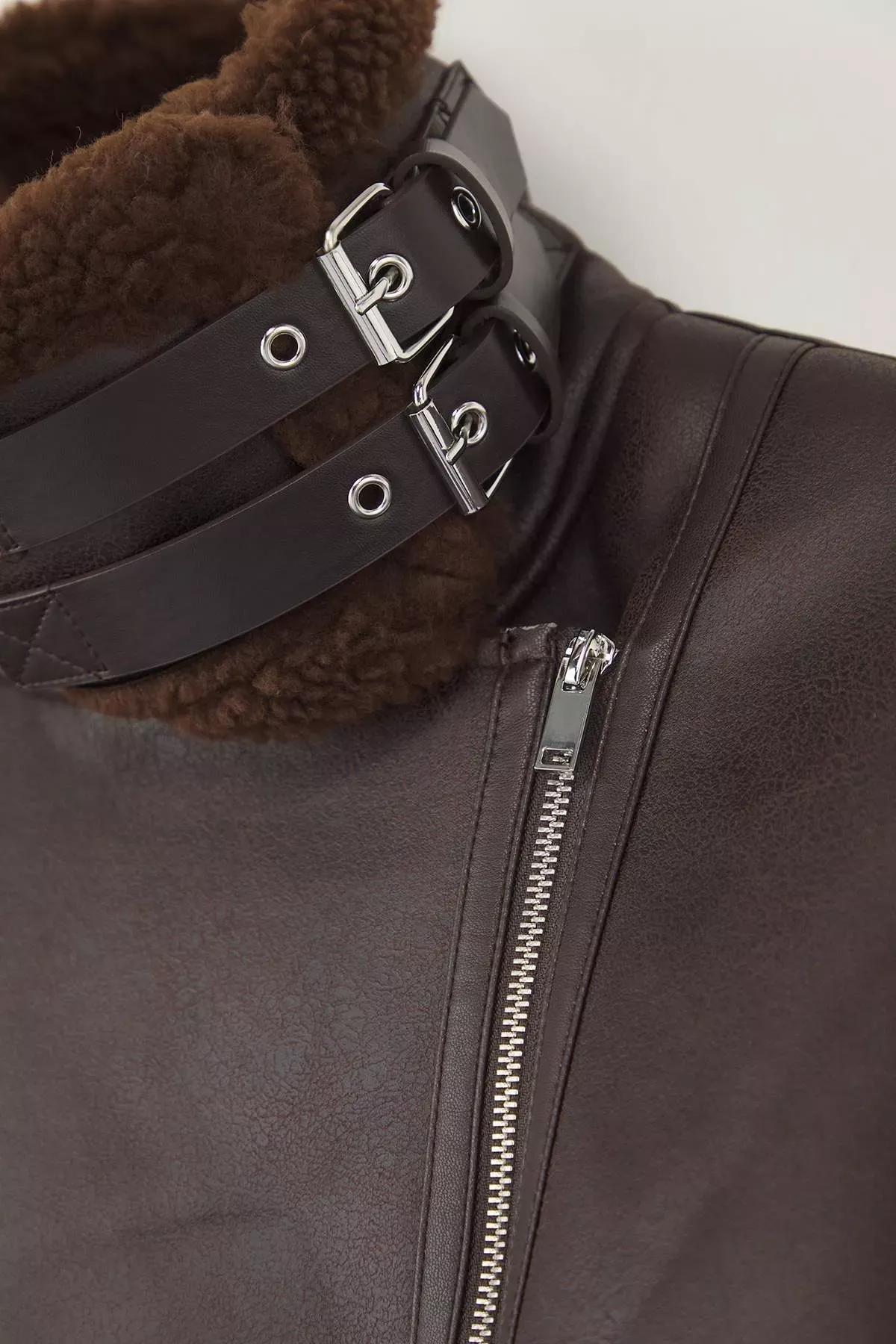 Brown Collar Belt Detail Biker Jacket, Dark brown, large image number 7