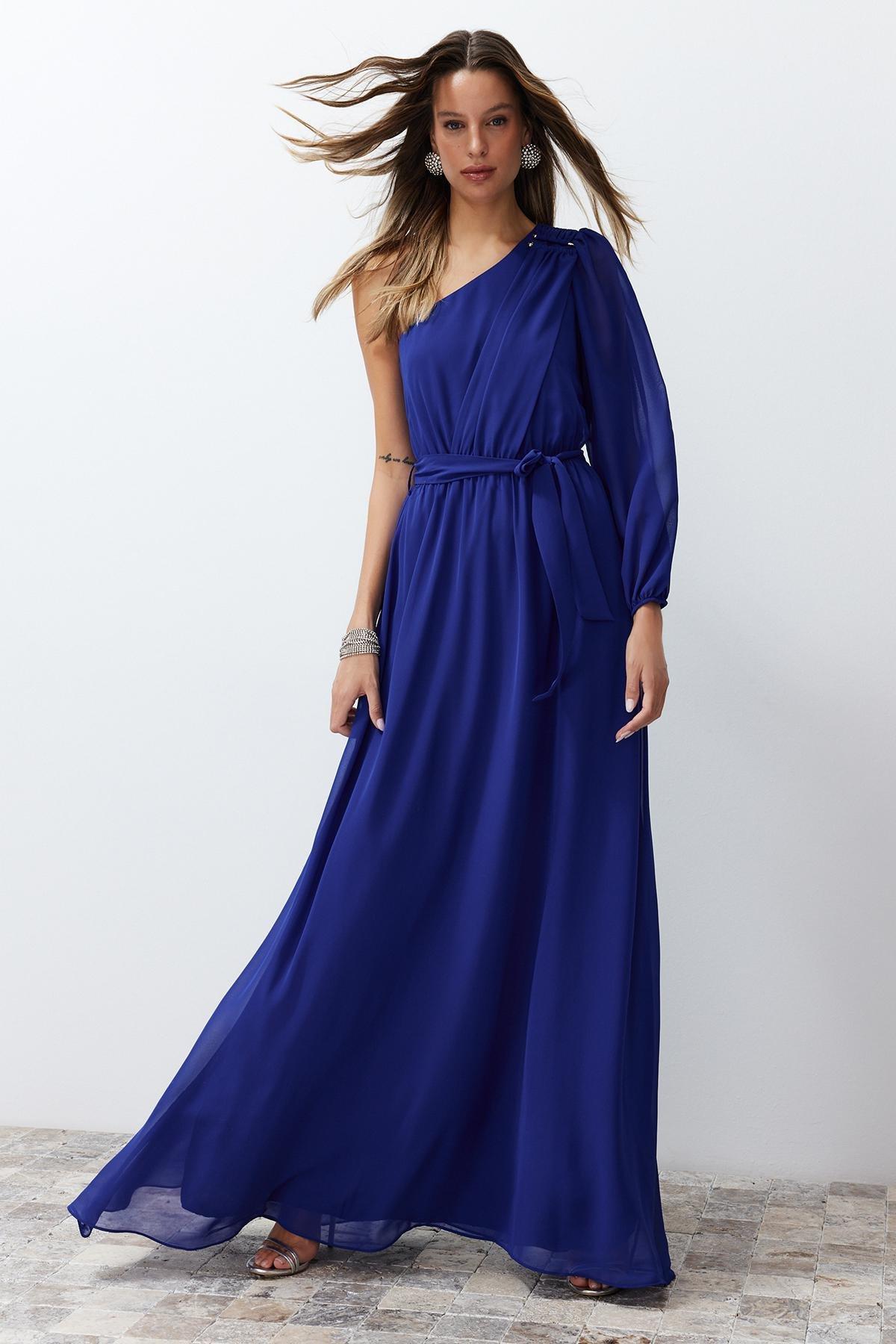 Blue Chiffon Long Occasionwear Dress, Sax, large image number 0