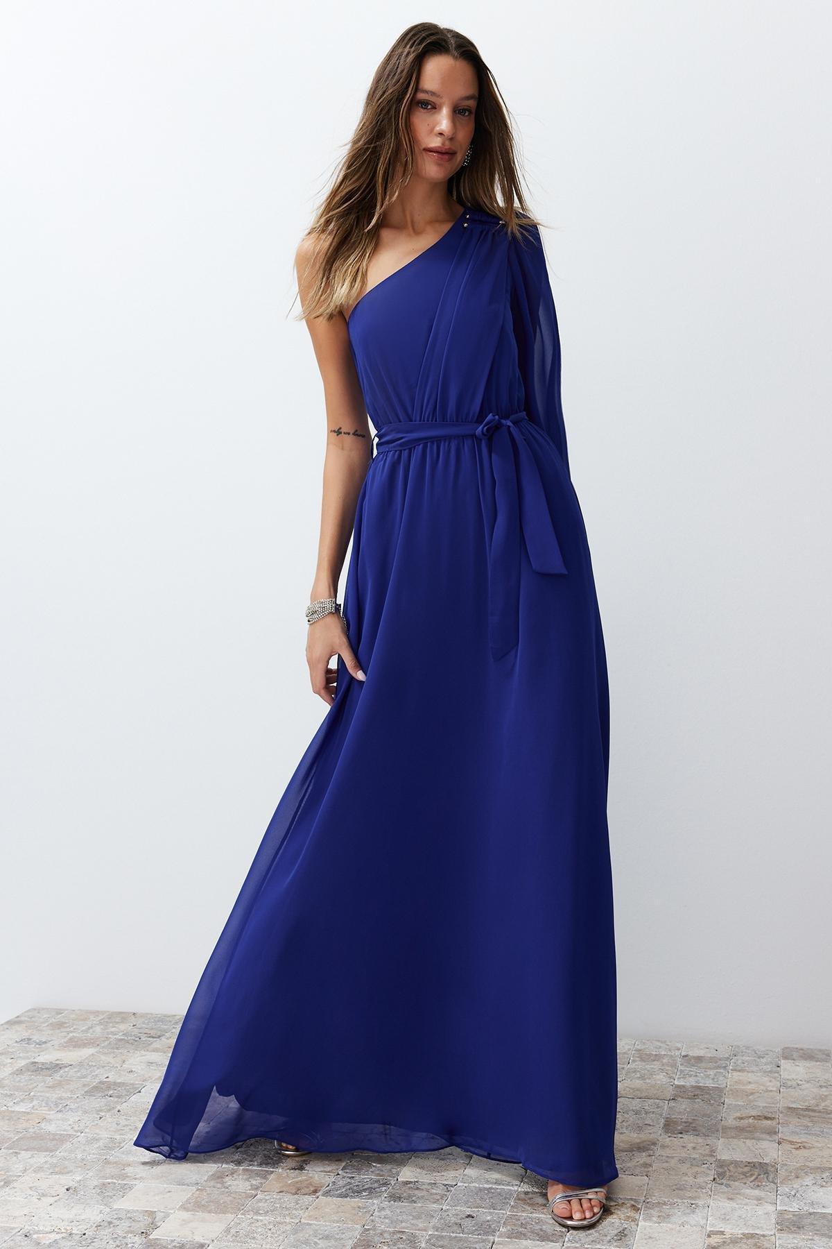 Blue Chiffon Long Occasionwear Dress, Sax, large image number 1