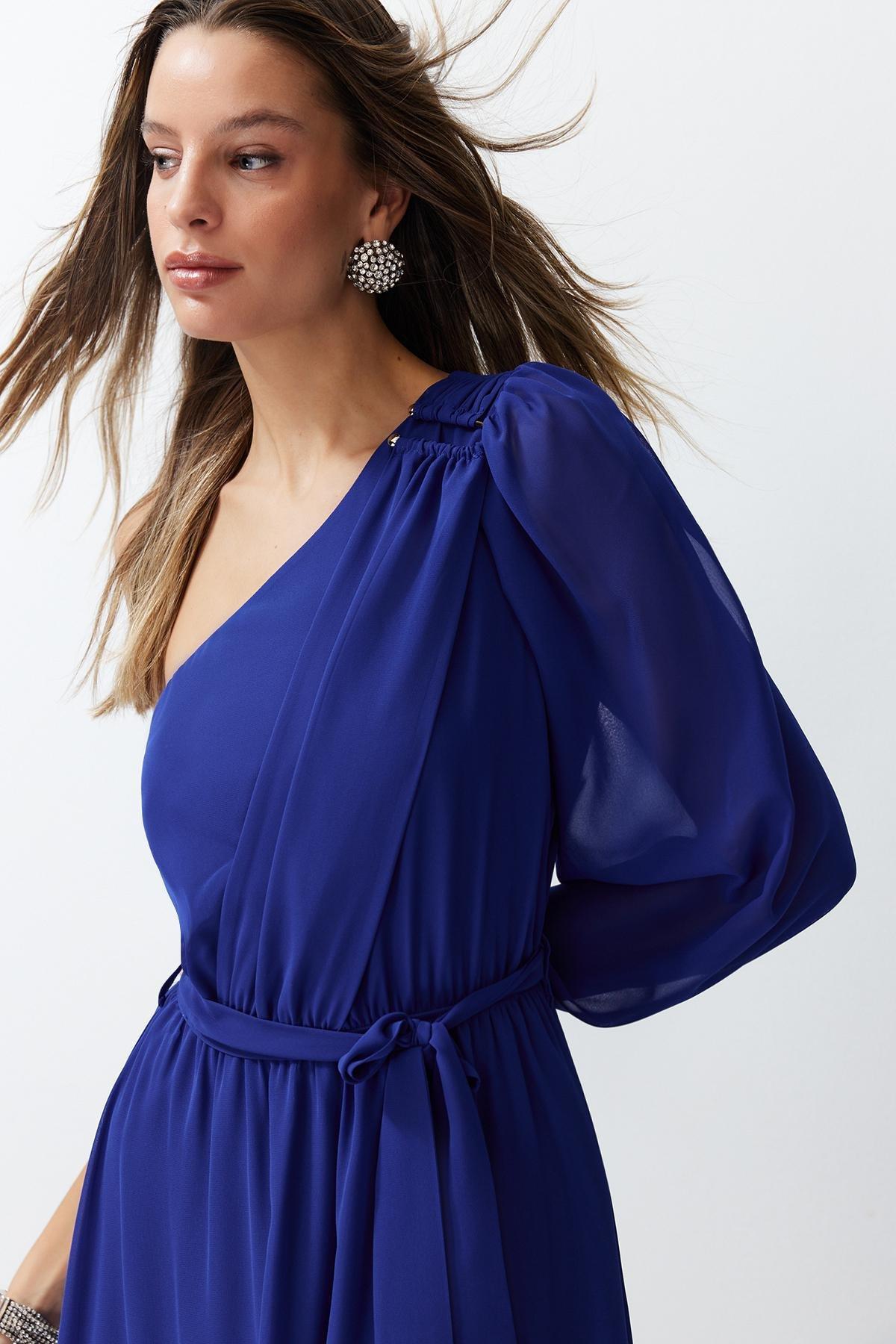 Blue Chiffon Long Occasionwear Dress, Sax, large image number 2