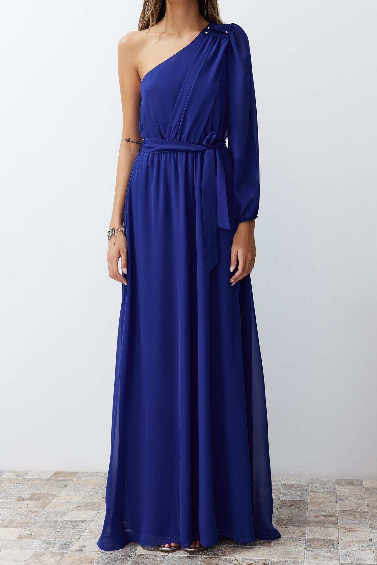 Blue Chiffon Long Occasionwear Dress, Sax, large image number 3