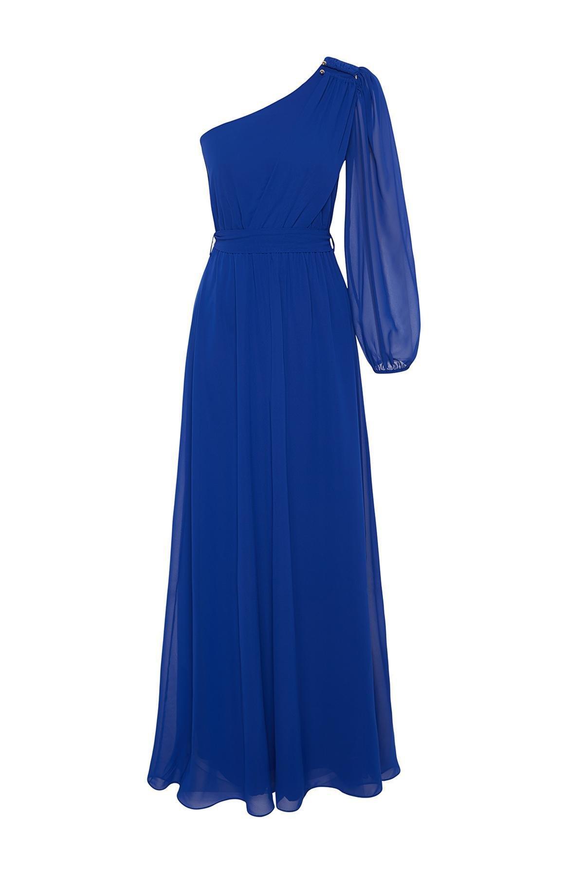Blue Chiffon Long Occasionwear Dress, Sax, large image number 5