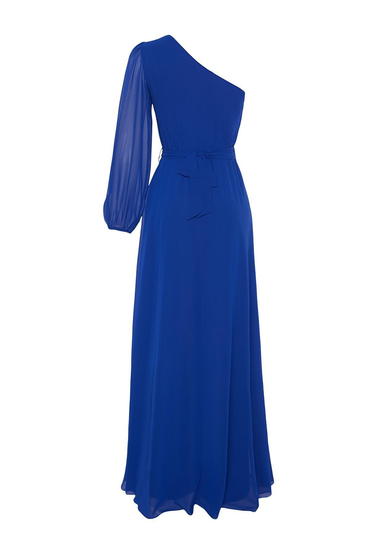Blue Chiffon Long Occasionwear Dress, Sax, large image number 6
