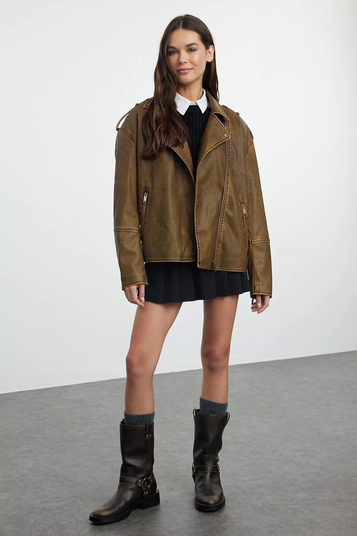 Brown Faux Leather Biker Jacket, Brown, large image number 0