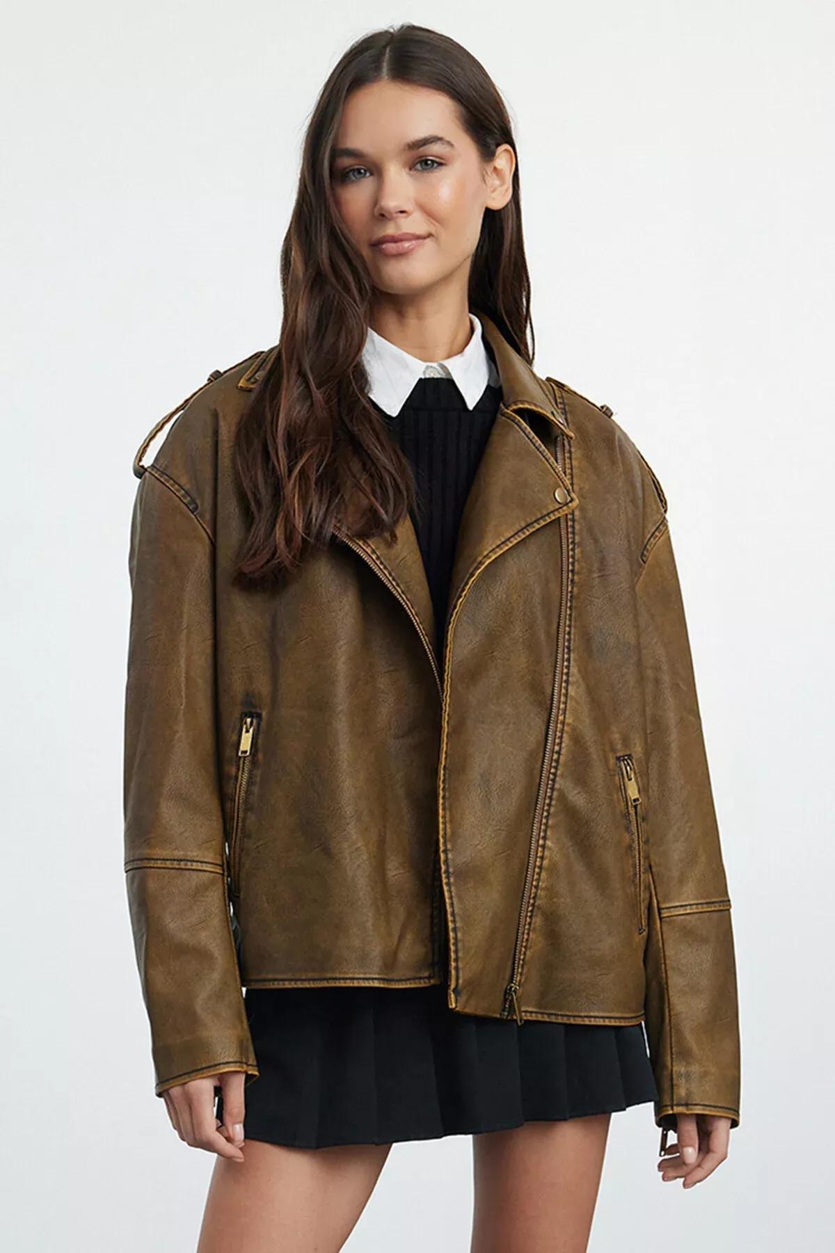 Brown Faux Leather Biker Jacket, Brown, large image number 1