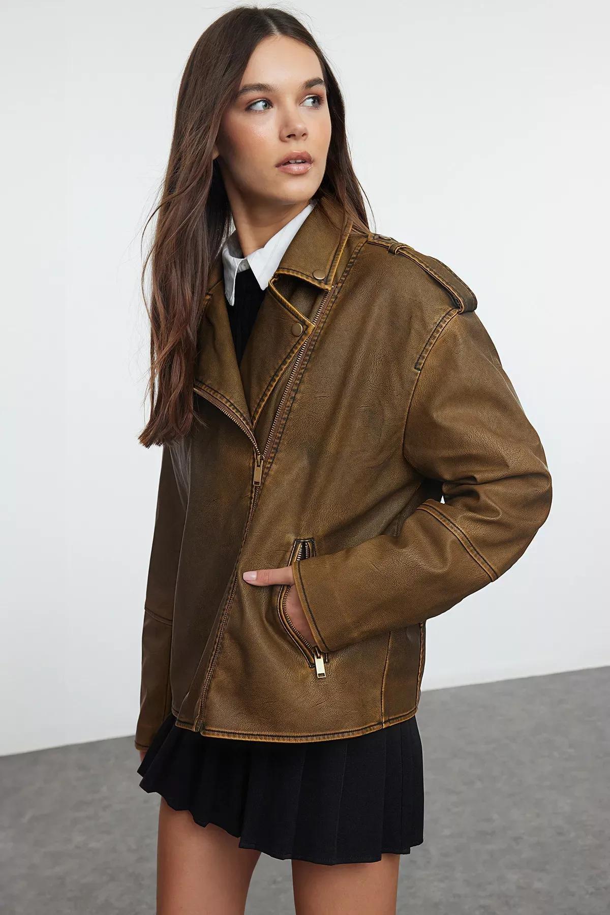 Brown Faux Leather Biker Jacket, Brown, large image number 2