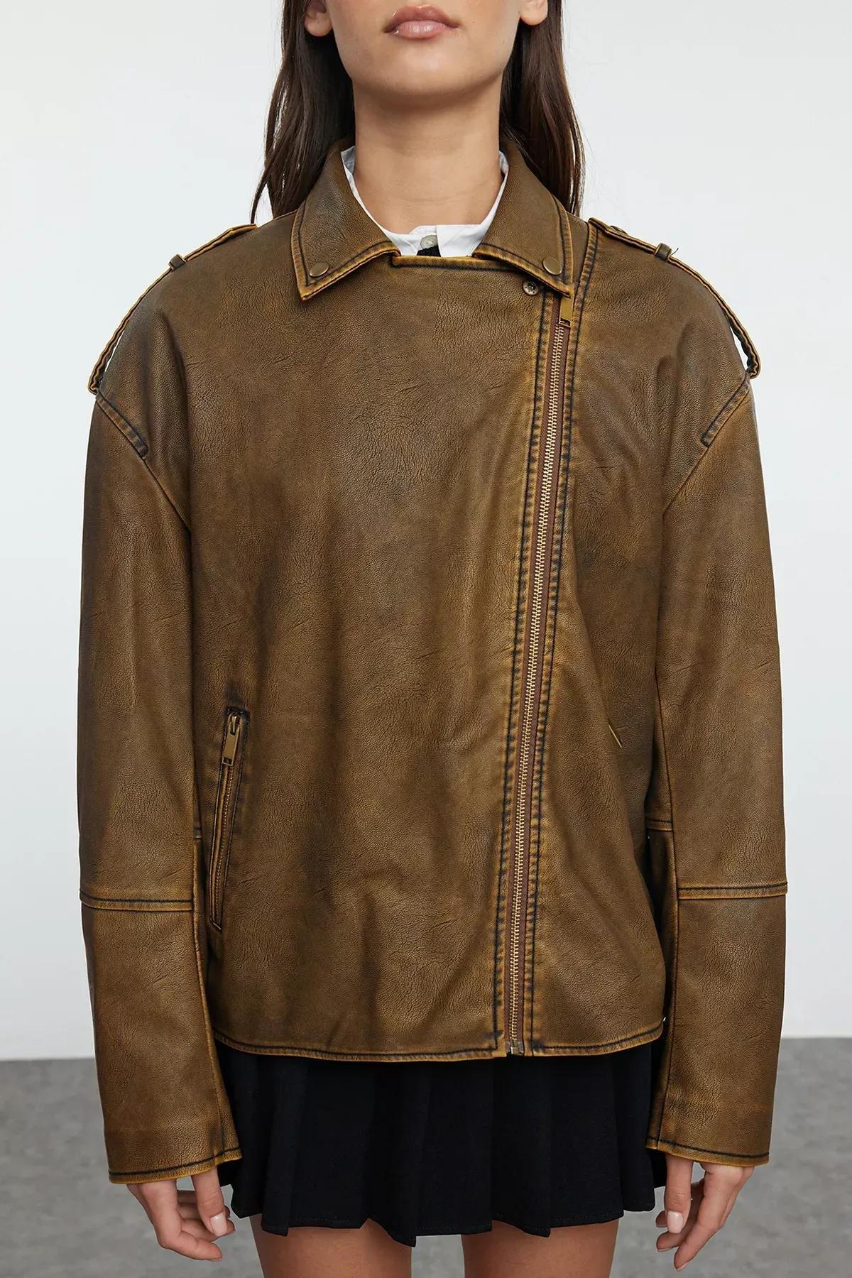 Brown Faux Leather Biker Jacket, Brown, large image number 3