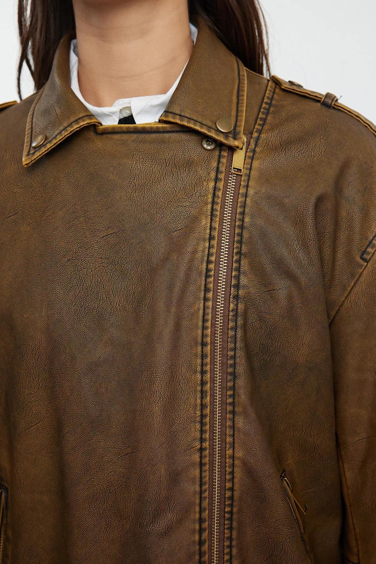 Brown Faux Leather Biker Jacket, Brown, large image number 4