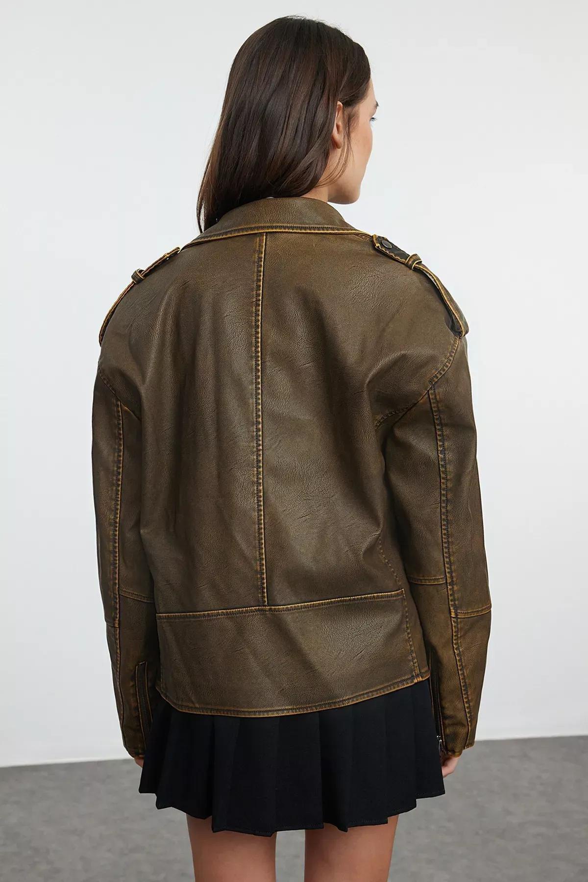 Brown Faux Leather Biker Jacket, Brown, large image number 5
