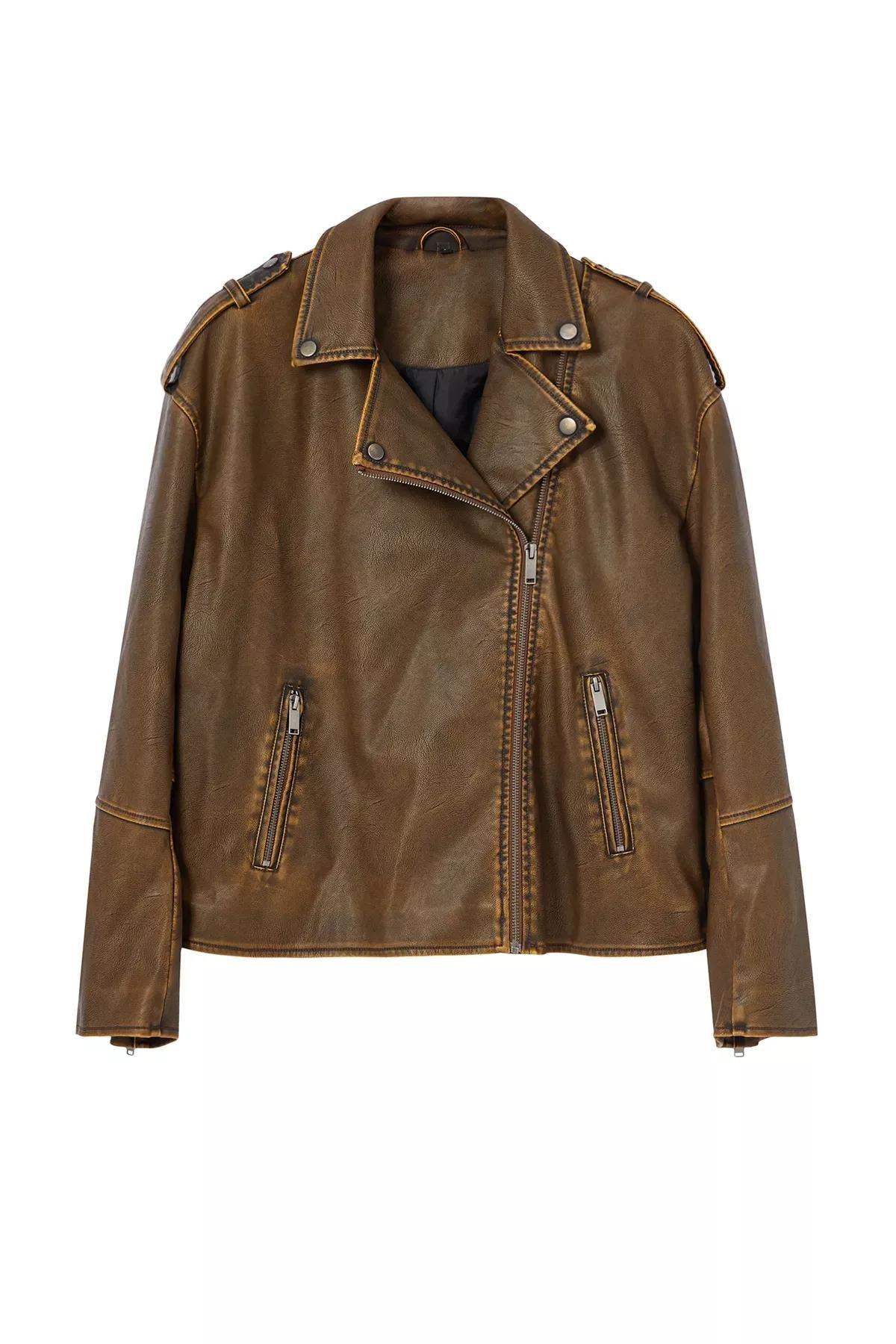 Brown Faux Leather Biker Jacket, Brown, large image number 6