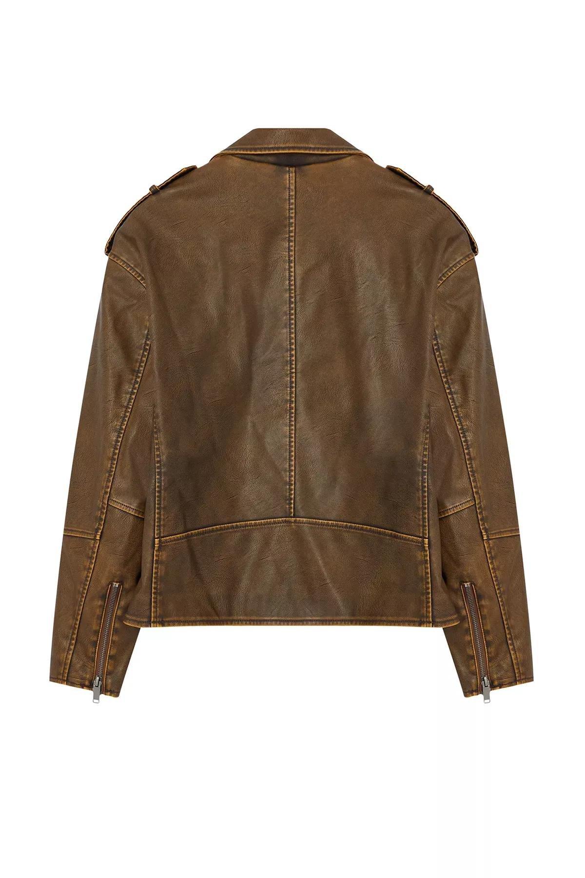Brown Faux Leather Biker Jacket, Brown, large image number 7