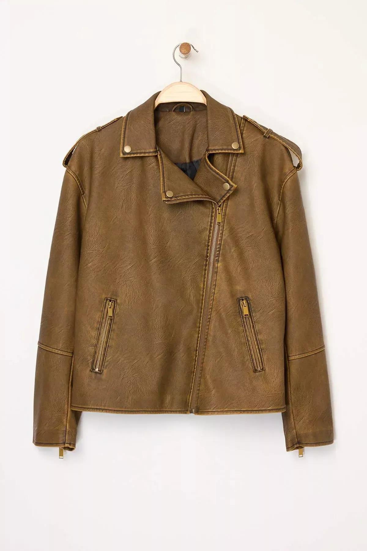 Brown Faux Leather Biker Jacket, Brown, large image number 8