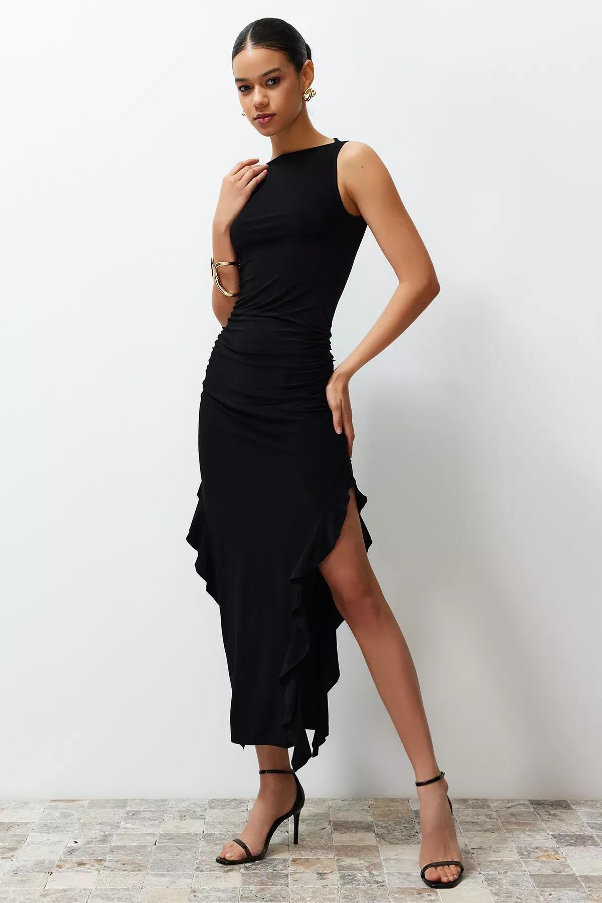 Black Straight Ruffle Maxi Dress, C101_5720, large image number 1