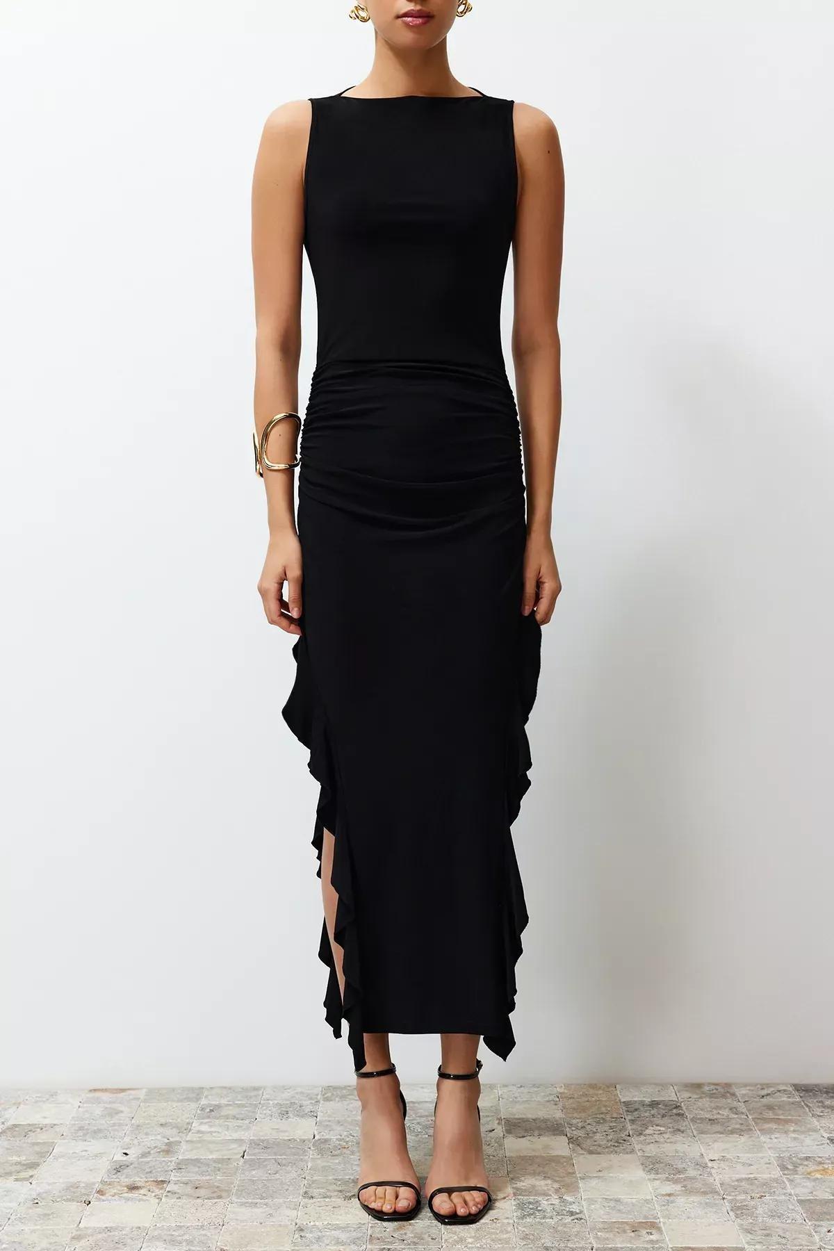 Black Straight Ruffle Maxi Dress, C101_5720, large image number 4
