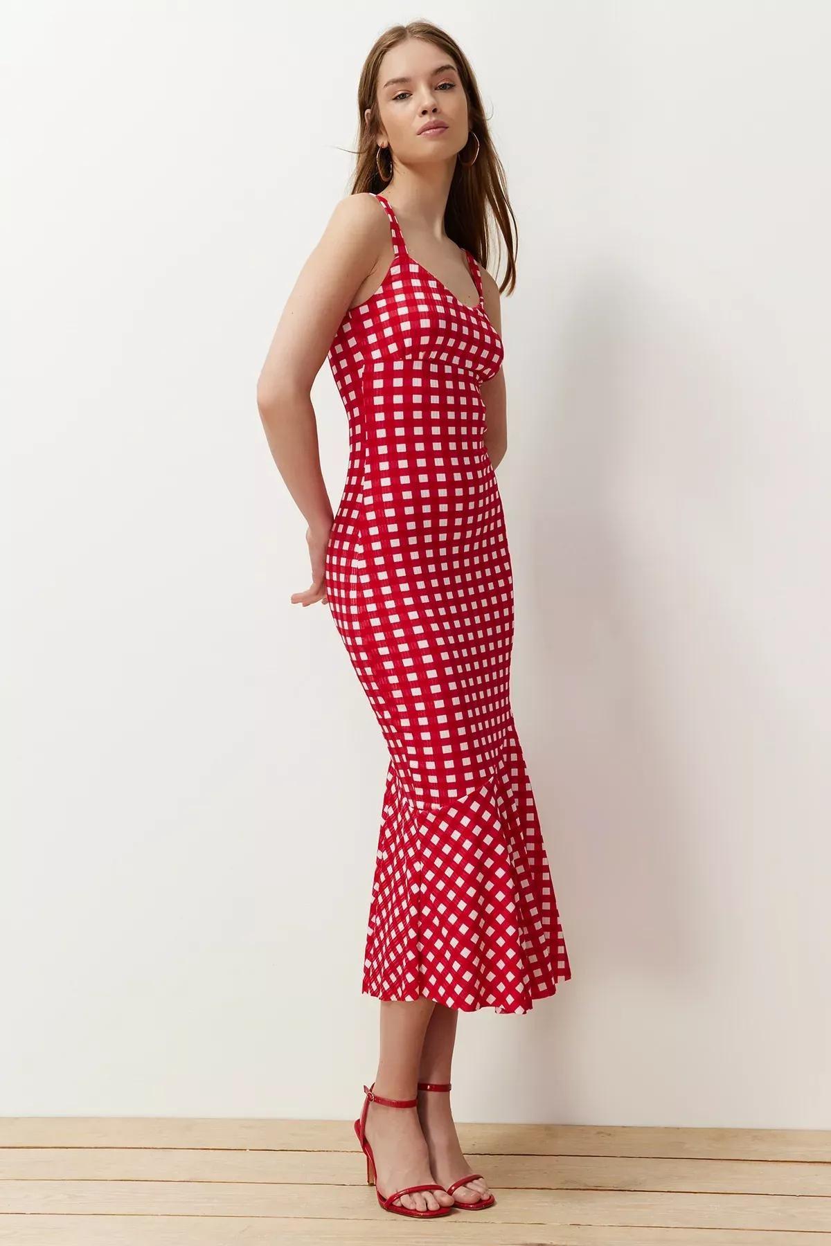 Red Patterned Ribbed Knitted Maxi Dress, C101_5690, large image number 1