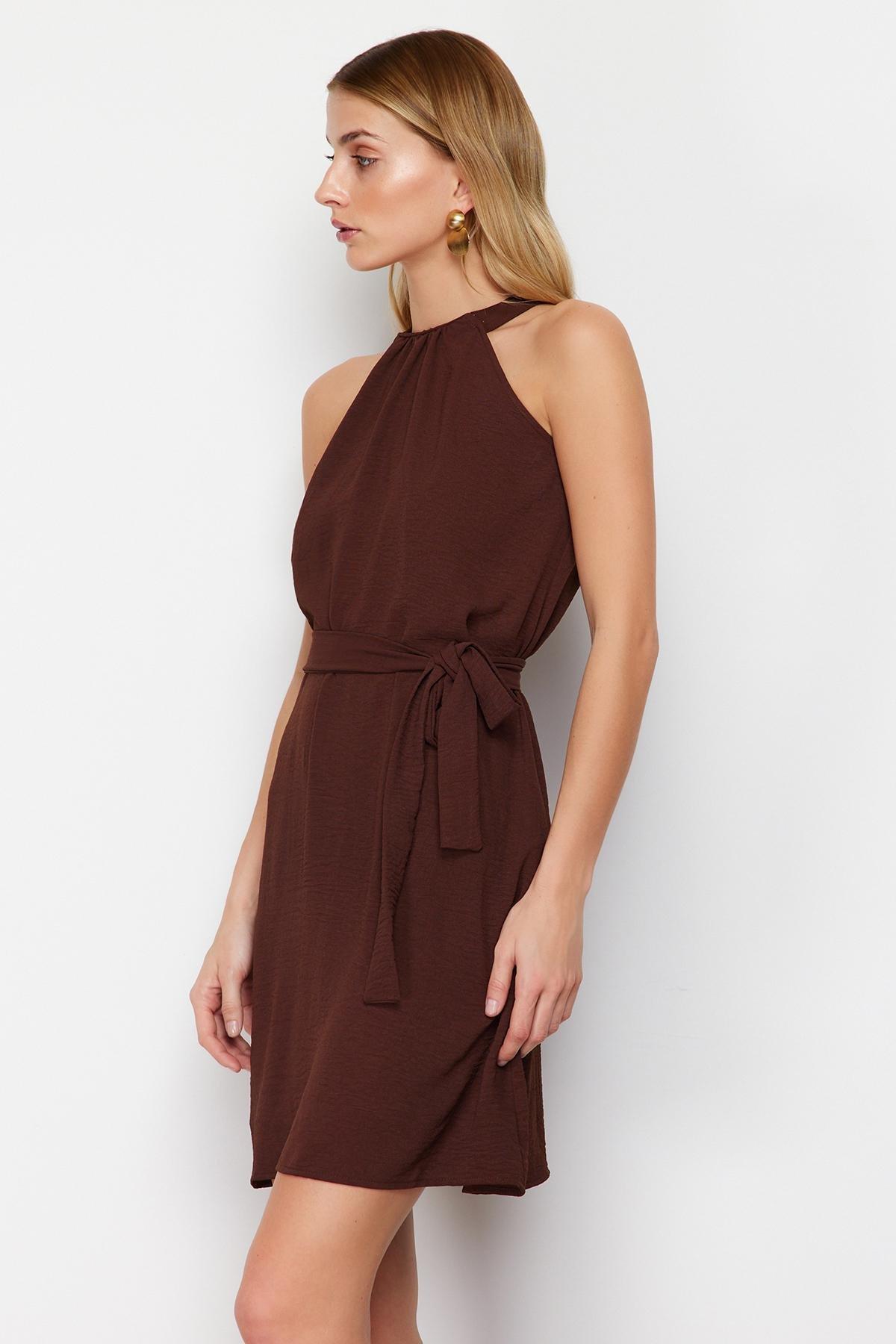 Brown Belted Halter Neck Mini Dress, , large image number 1