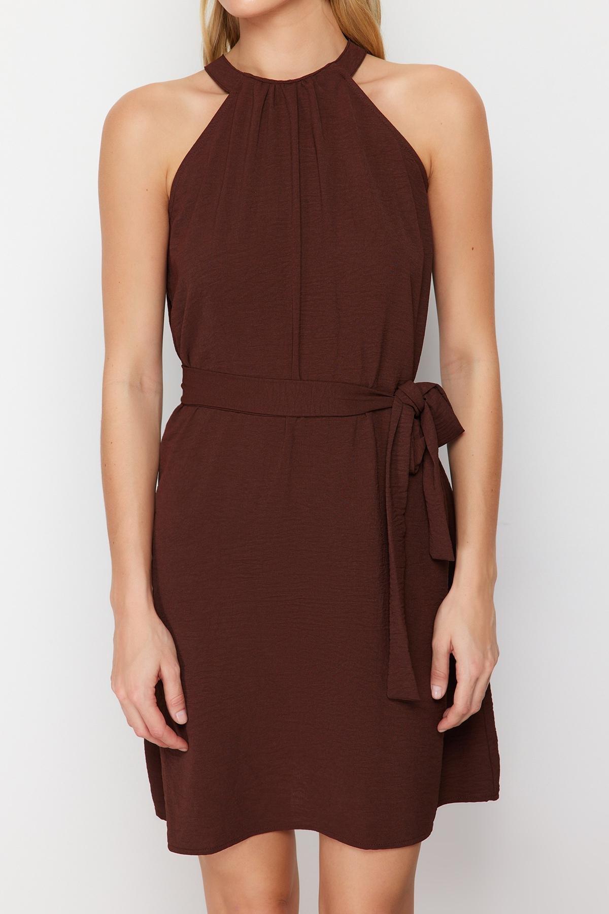 Brown Belted Halter Neck Mini Dress, , large image number 2