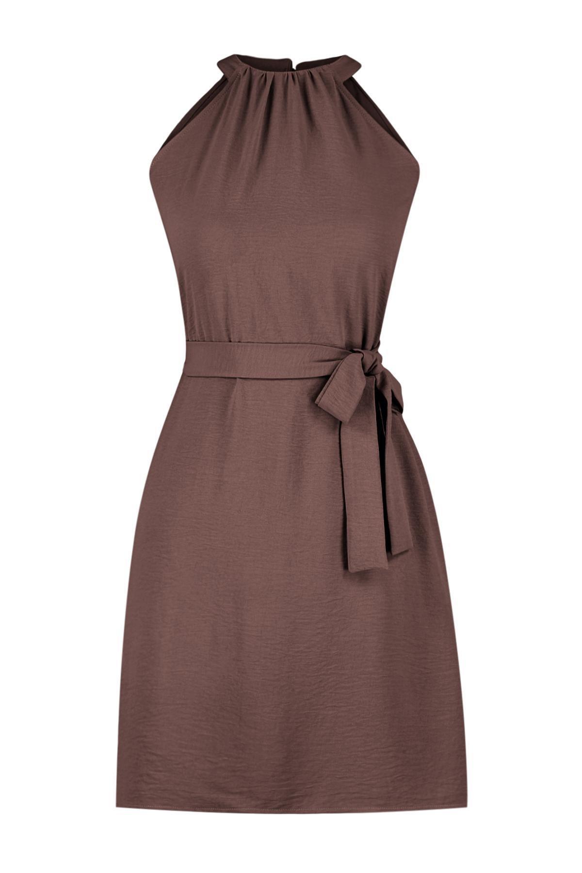 Brown Belted Halter Neck Mini Dress, , large image number 4