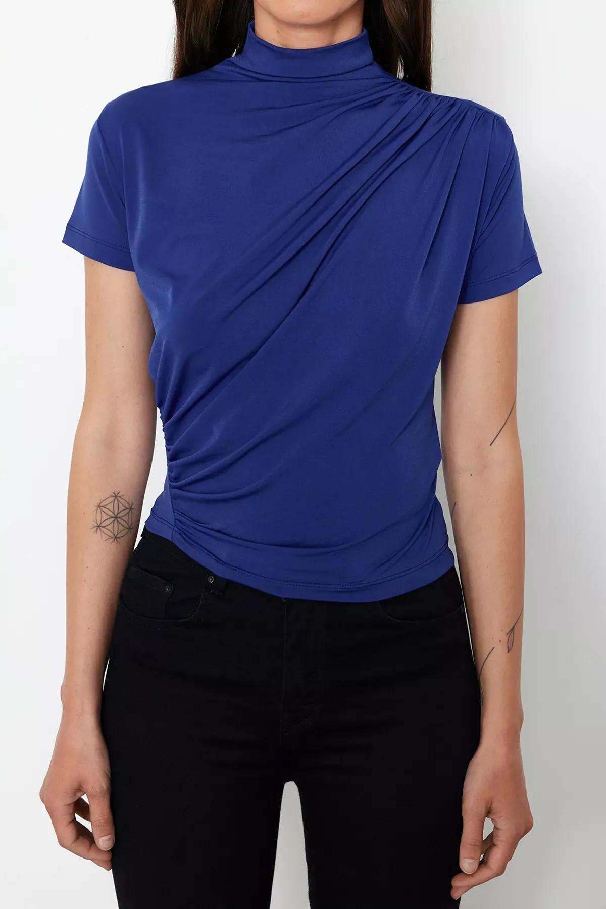 Draped Detailed Casual Blouse, Sax, large image number 2