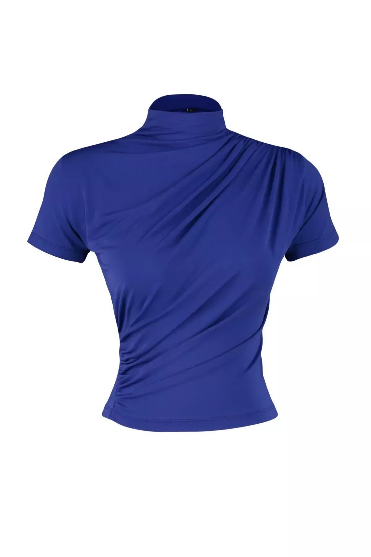 Draped Detailed Casual Blouse, Sax, large image number 5