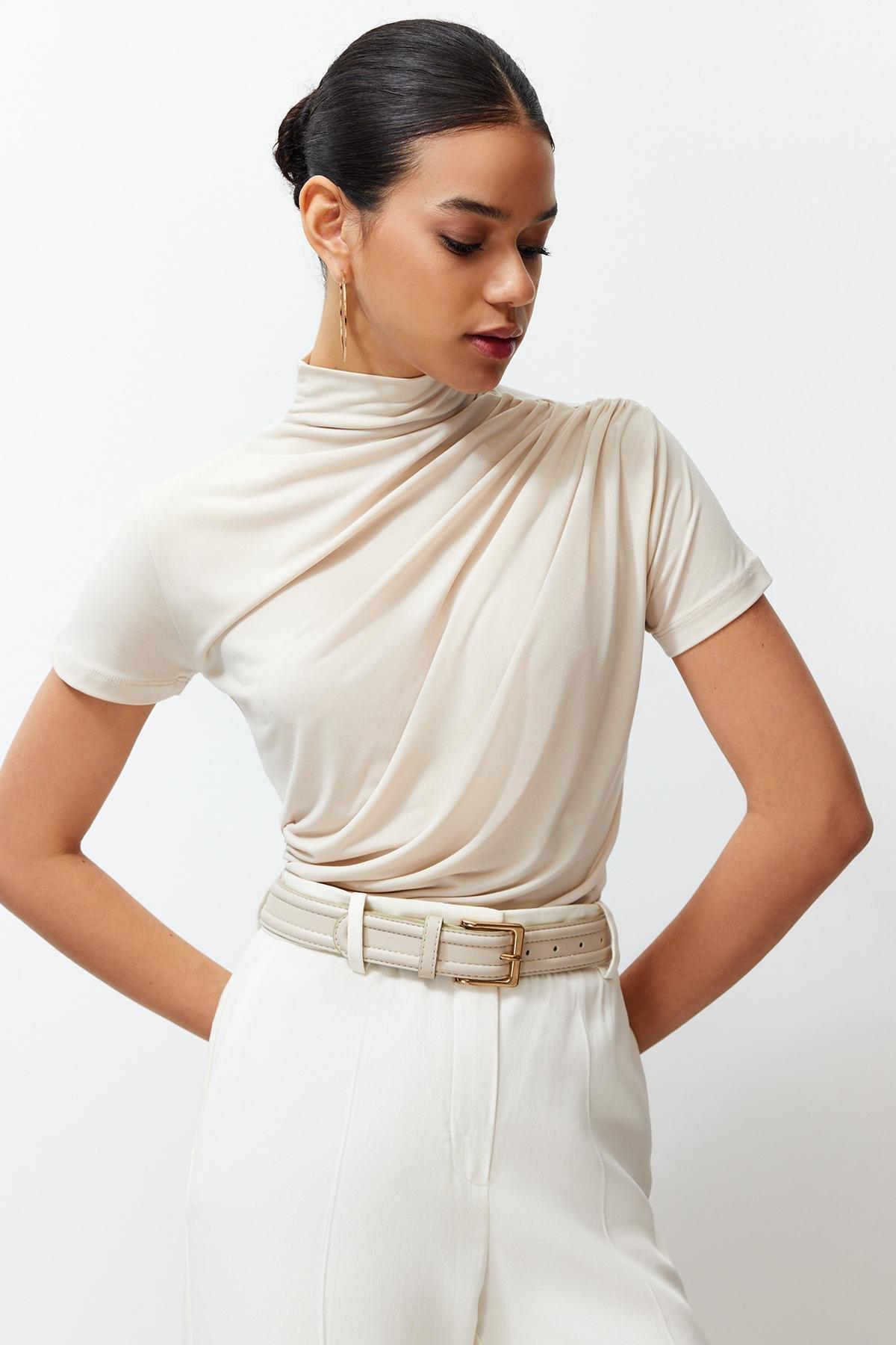 Beige High Neck Elastic Knitted Blouse, , large image number 0