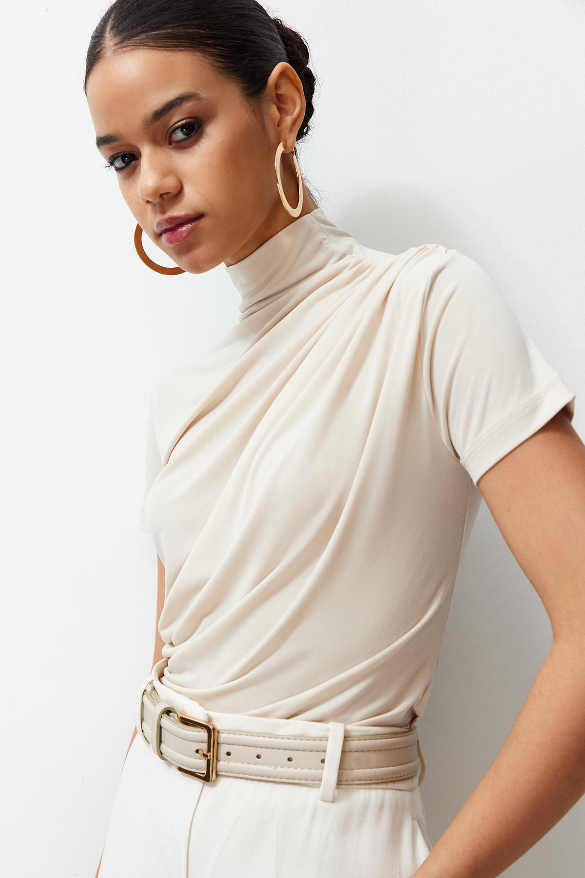 Beige High Neck Elastic Knitted Blouse, , large image number 1