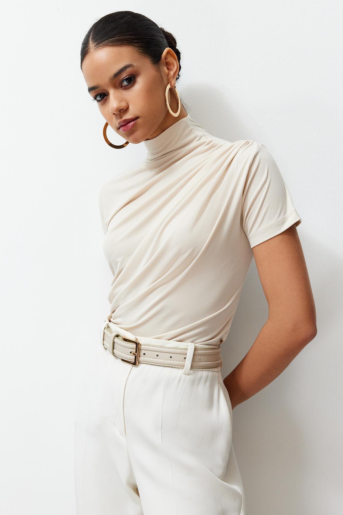 Beige High Neck Elastic Knitted Blouse, , large image number 2