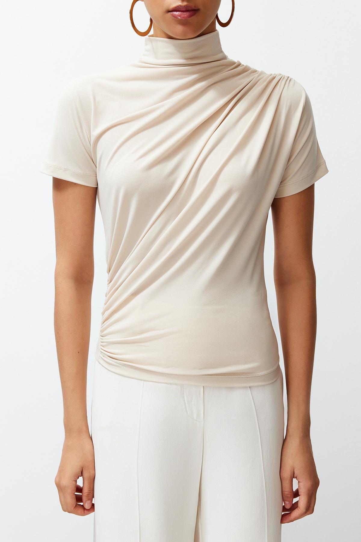 Beige High Neck Elastic Knitted Blouse, , large image number 3