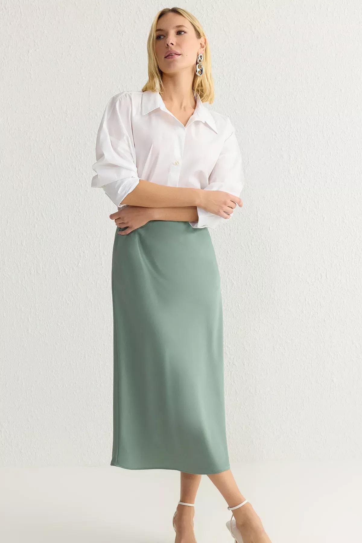 Green A-Line Satin Midi Skirt, , large image number 1