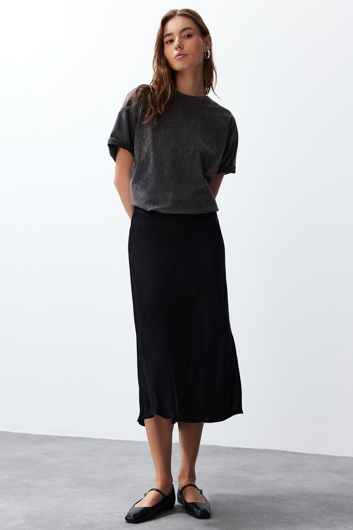 Black Satin Midi Skirt, , large image number 0