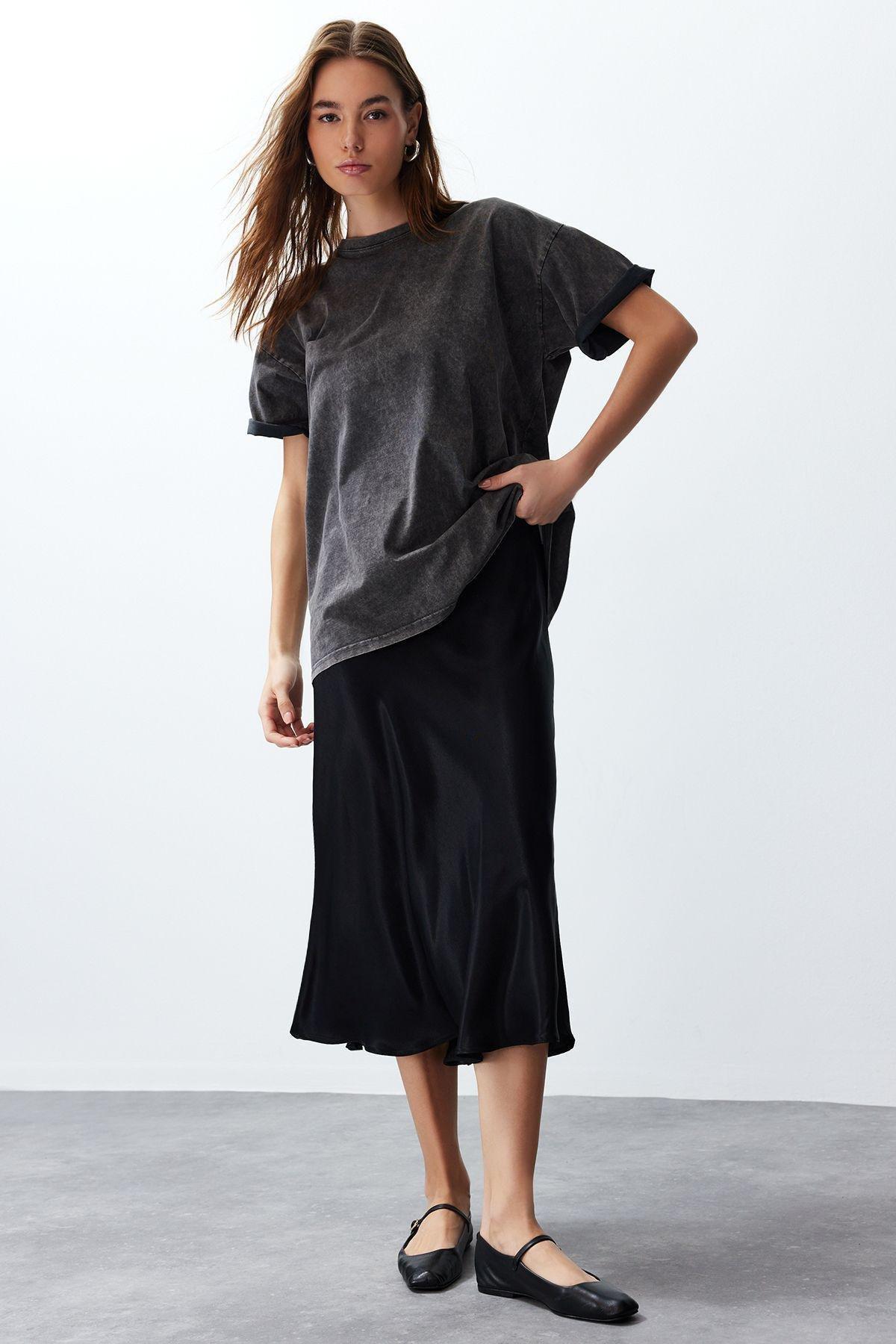 Black Satin Midi Skirt, , large image number 1