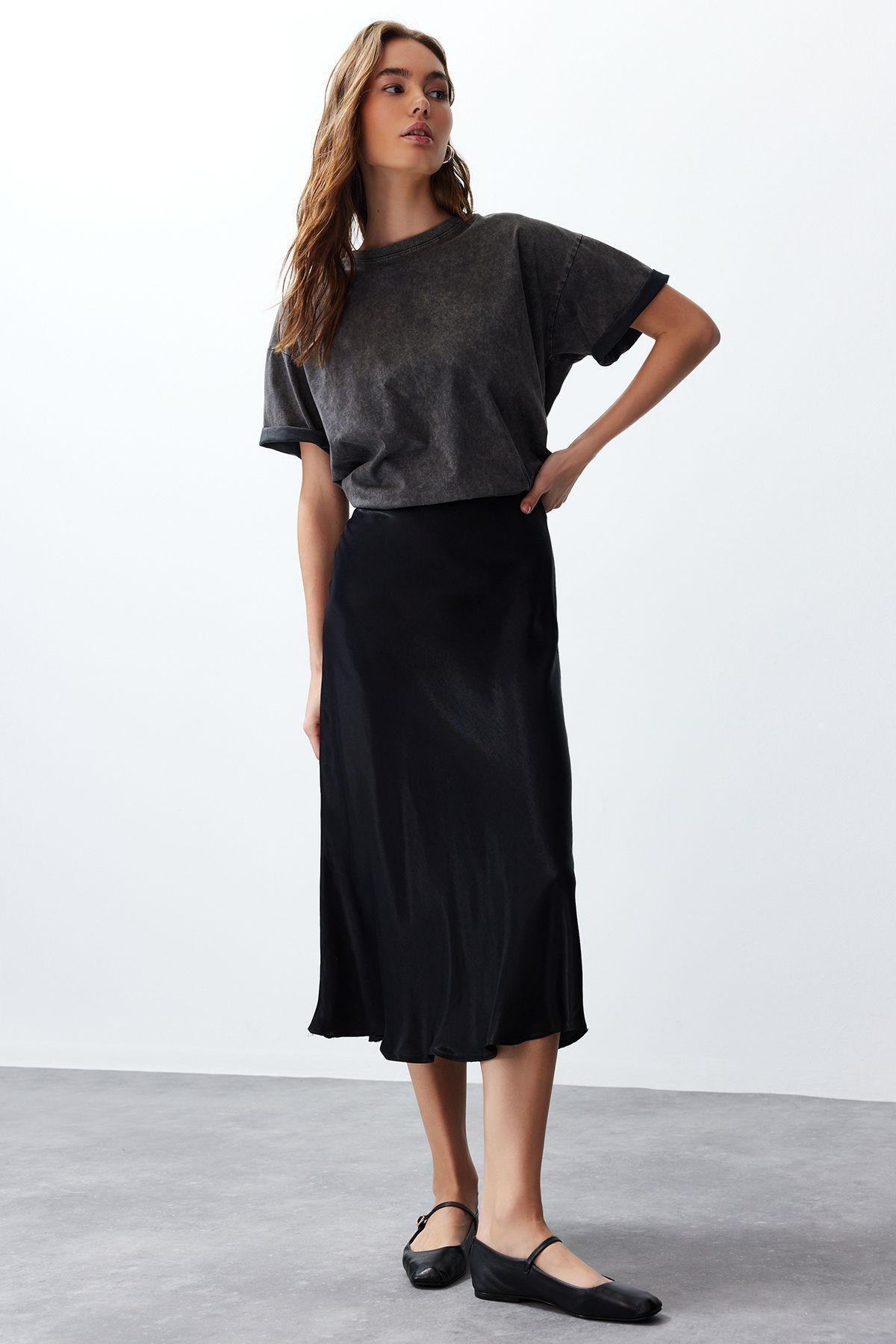 Black Satin Midi Skirt, , large image number 2