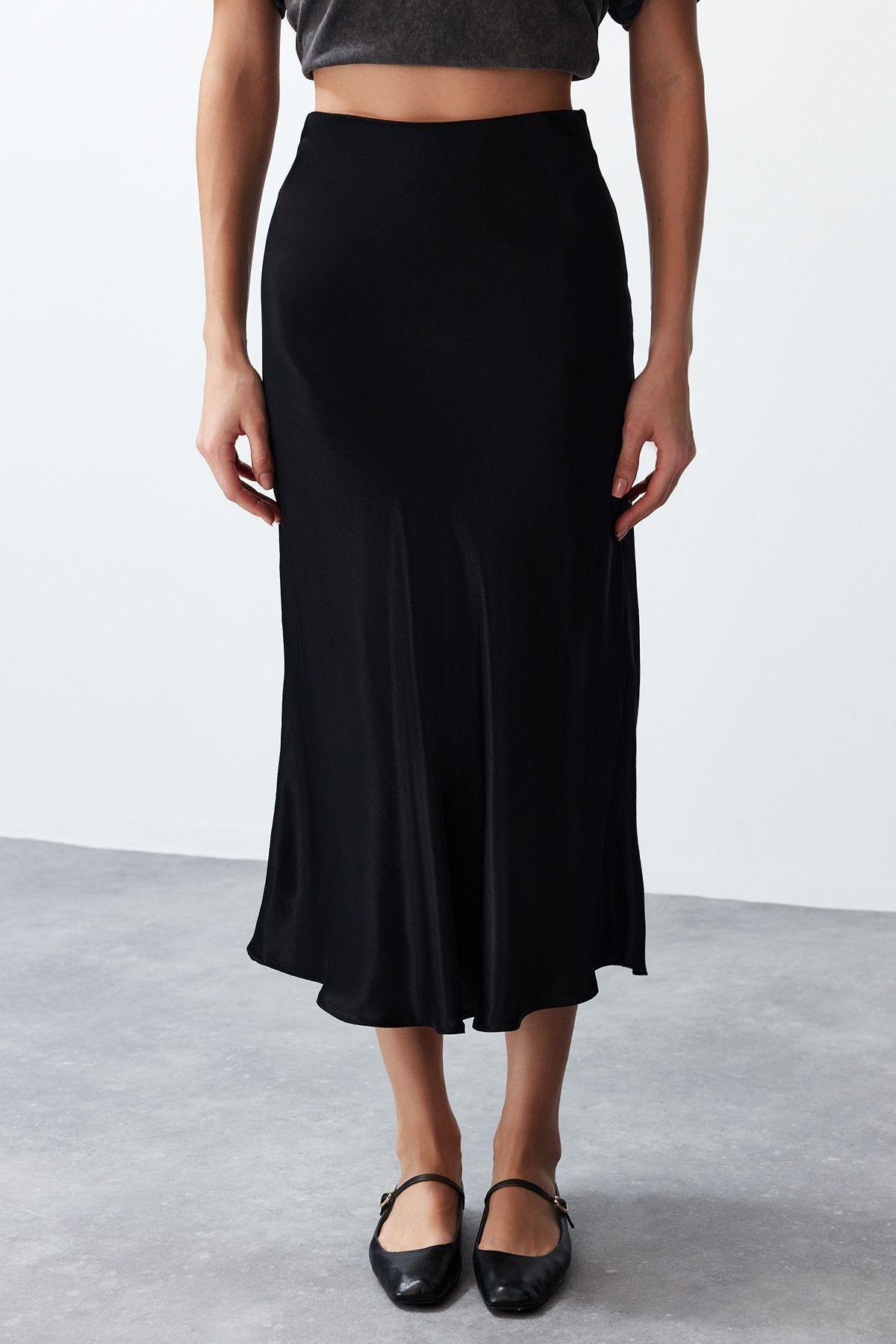 Black Satin Midi Skirt, , large image number 3
