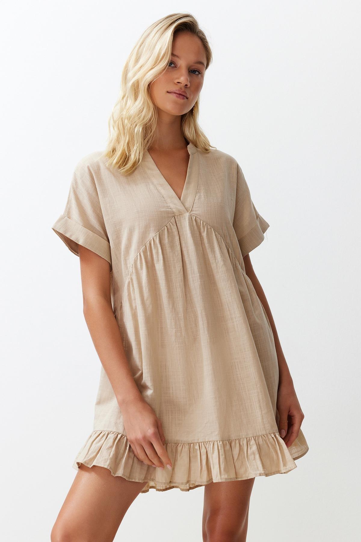 Beige Wide Fit Mini Woven Ruffle Beach Dress TBESS24EL00113, , large image number 0