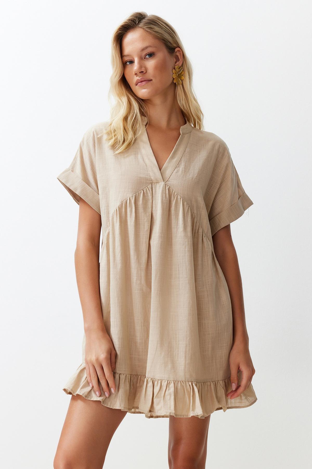 Beige Wide Fit Mini Woven Ruffle Beach Dress TBESS24EL00113, , large image number 1