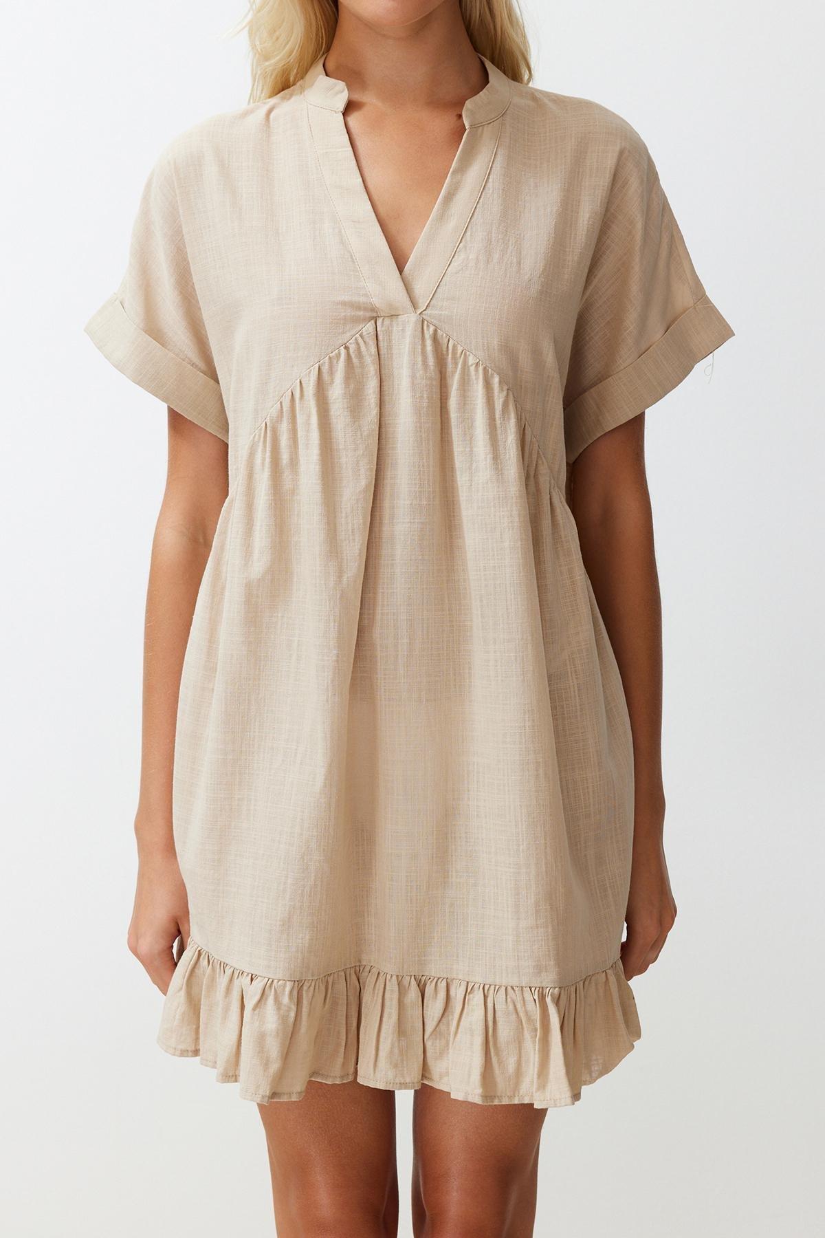 Beige Wide Fit Mini Woven Ruffle Beach Dress TBESS24EL00113, , large image number 3
