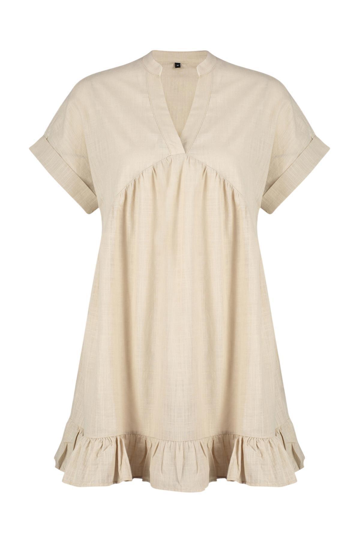 Beige Wide Fit Mini Woven Ruffle Beach Dress TBESS24EL00113, , large image number 4