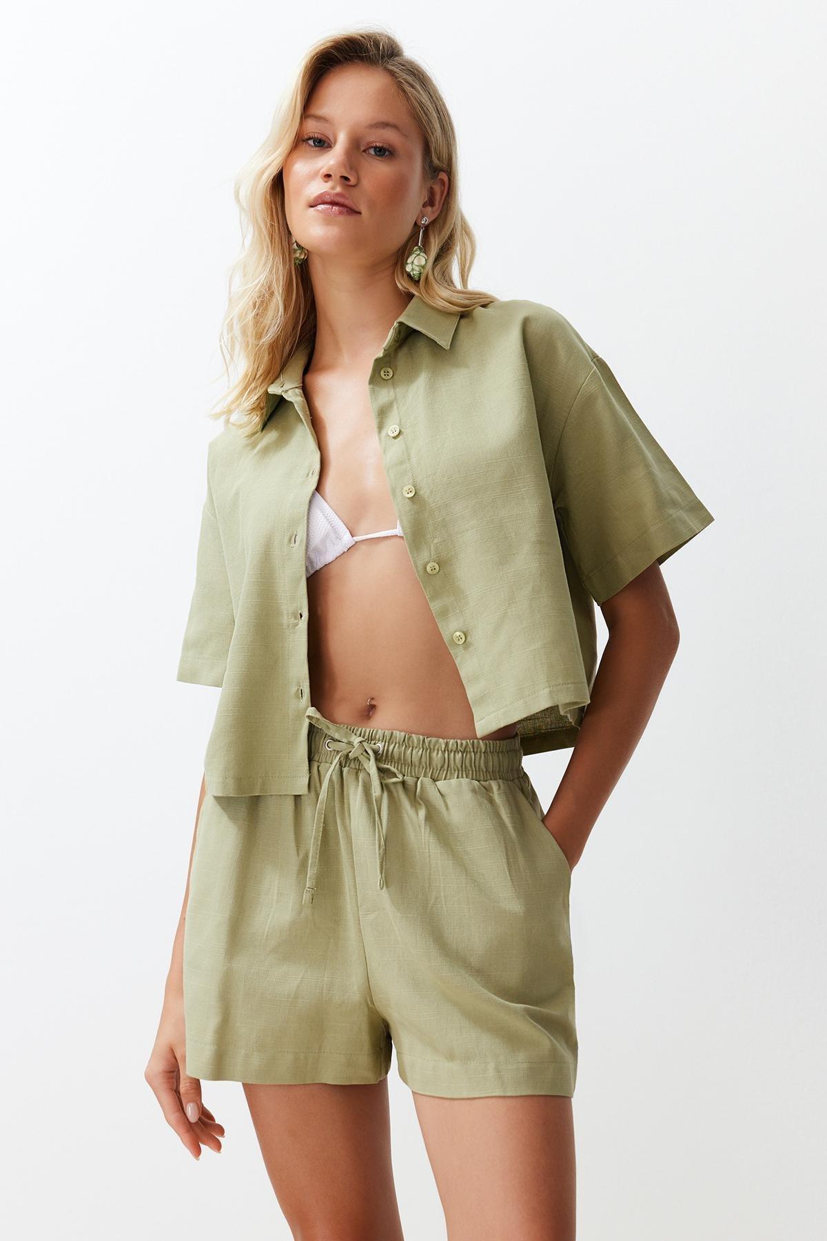 Green Woven Linen Look Shirt Shorts Set, , large image number 0