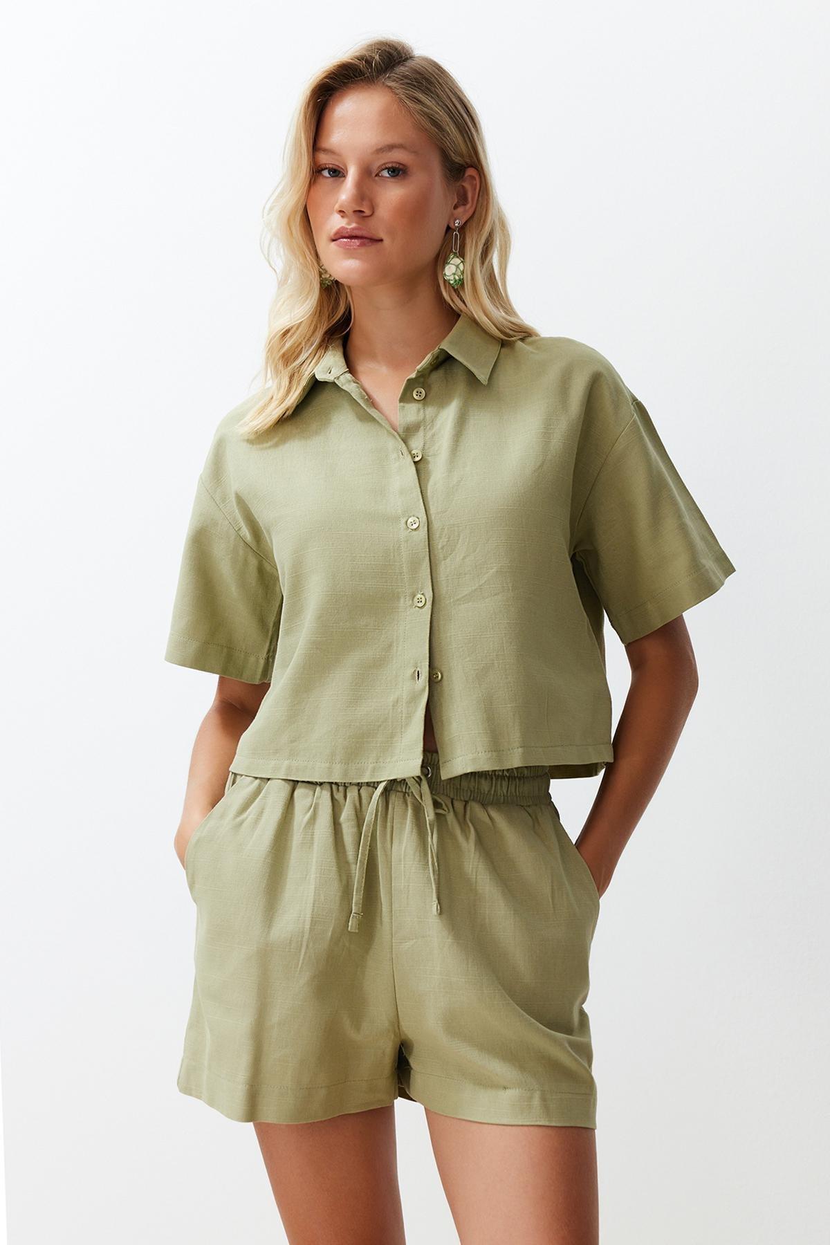 Green Woven Linen Look Shirt Shorts Set, , large image number 1