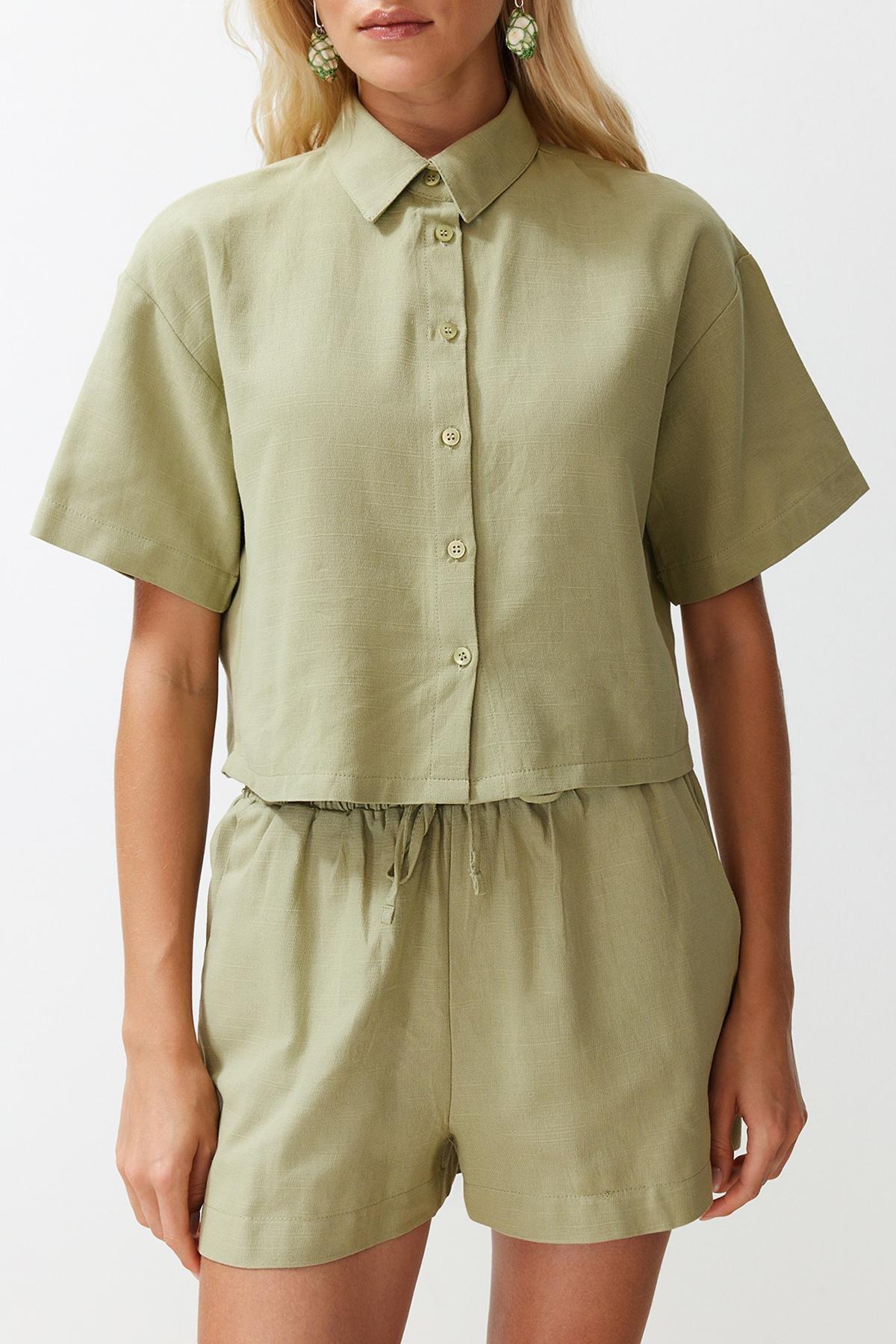 Green Woven Linen Look Shirt Shorts Set, , large image number 3