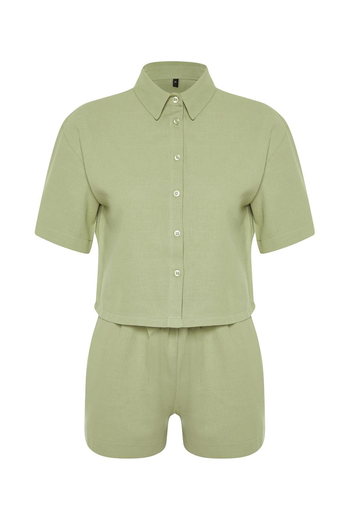 Green Woven Linen Look Shirt Shorts Set, , large image number 4