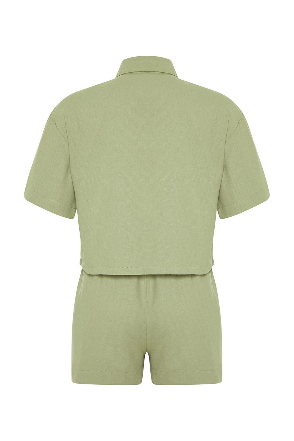 Green Woven Linen Look Shirt Shorts Set, , large image number 6