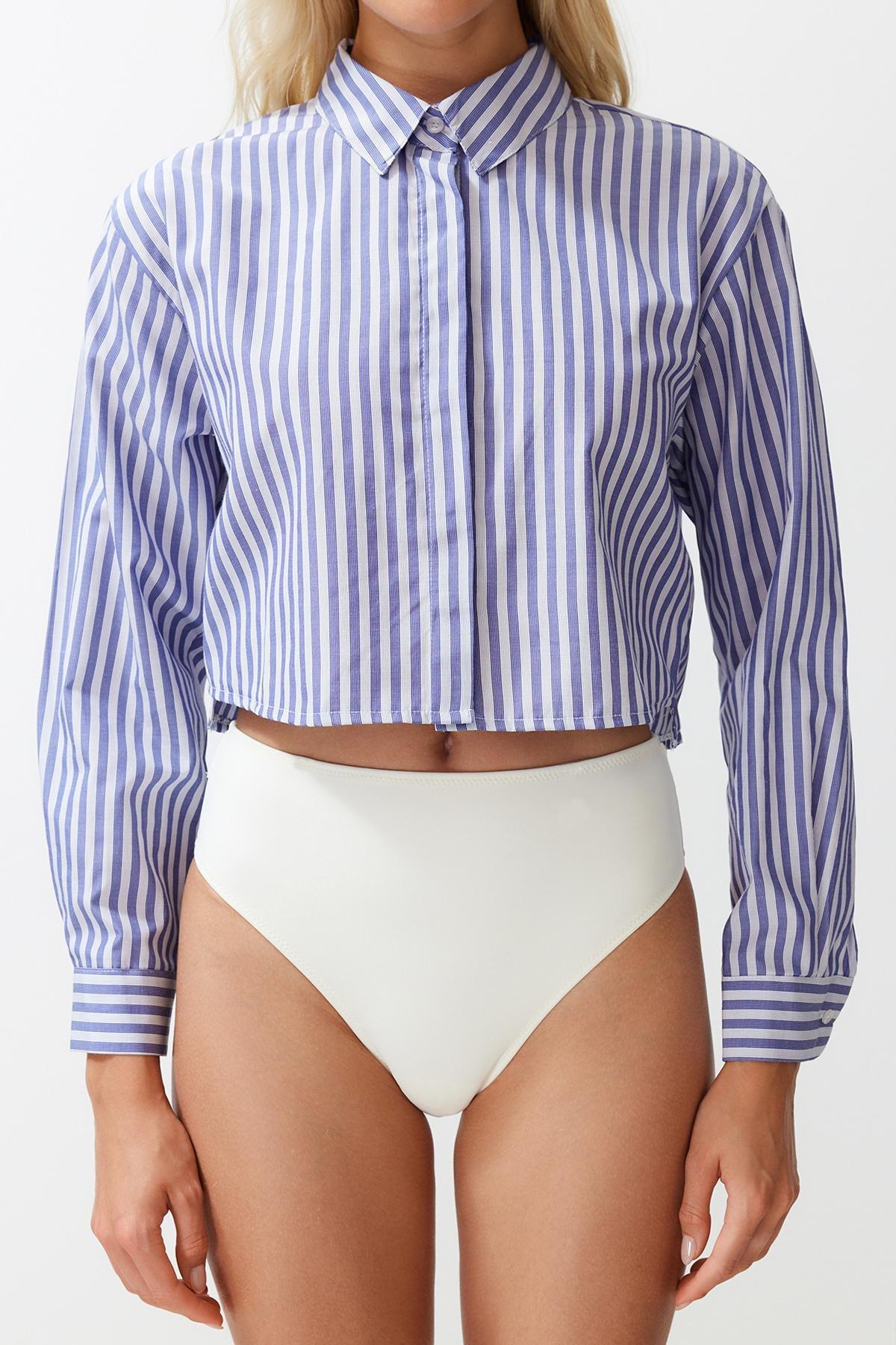Blue Striped Decollete Linen Shirt, , large image number 3