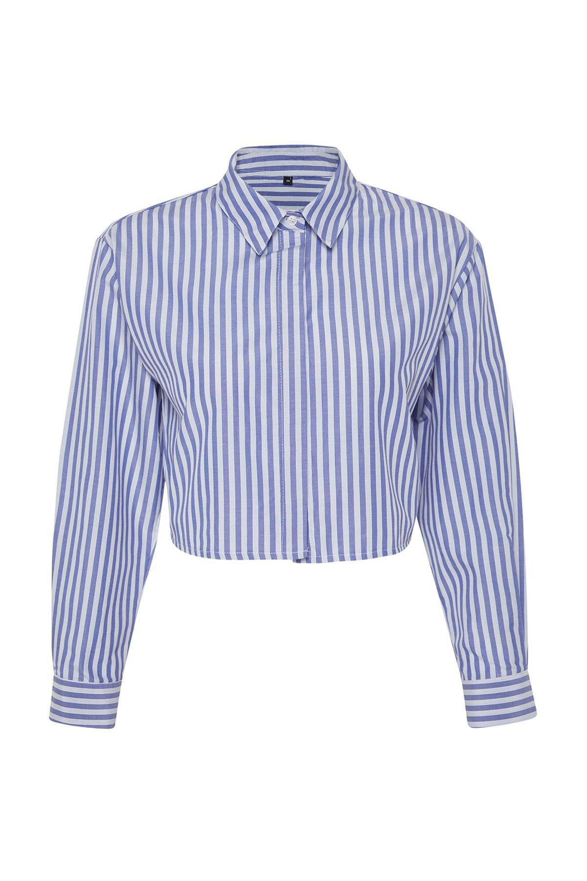 Blue Striped Decollete Linen Shirt, , large image number 4