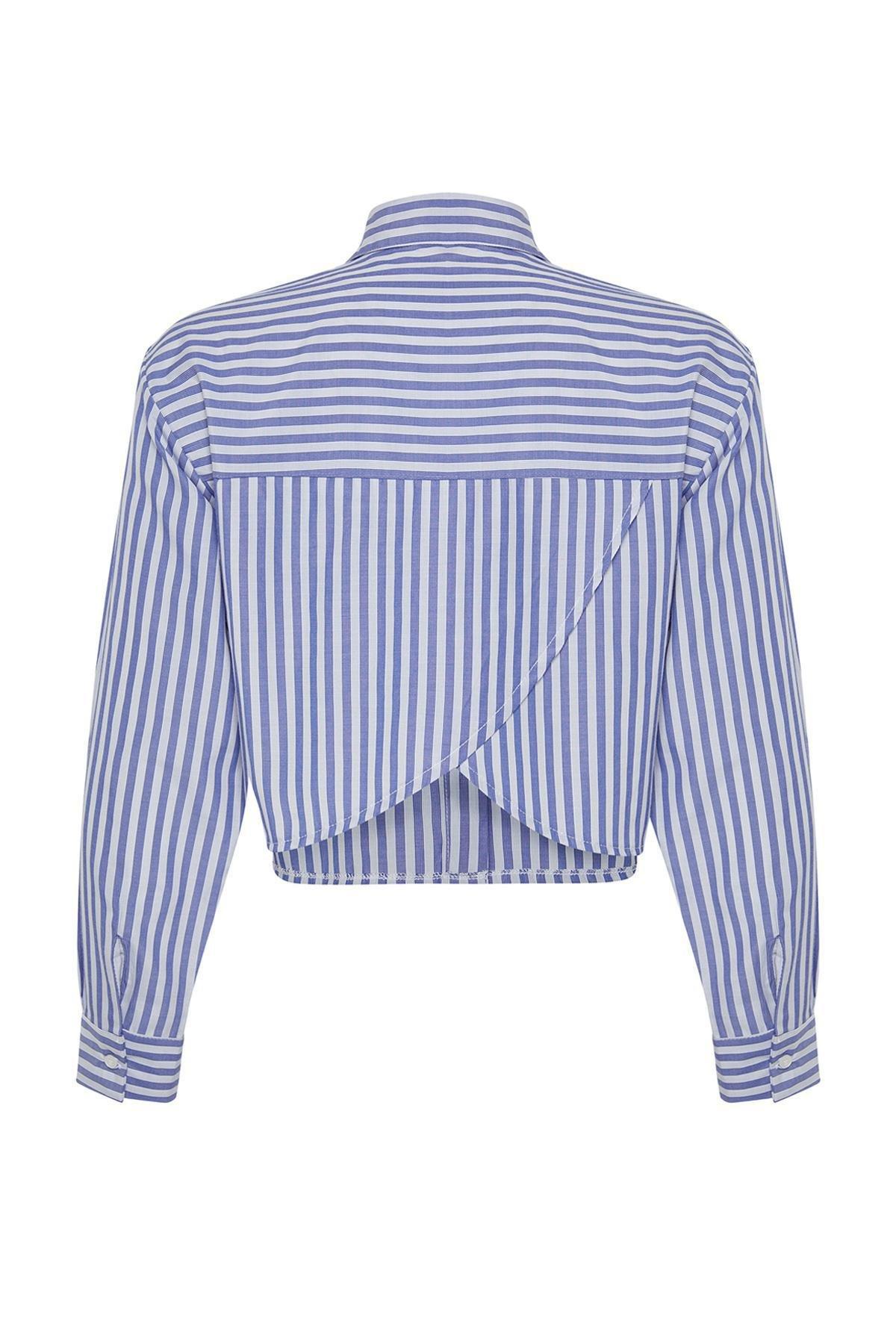 Blue Striped Decollete Linen Shirt, , large image number 6