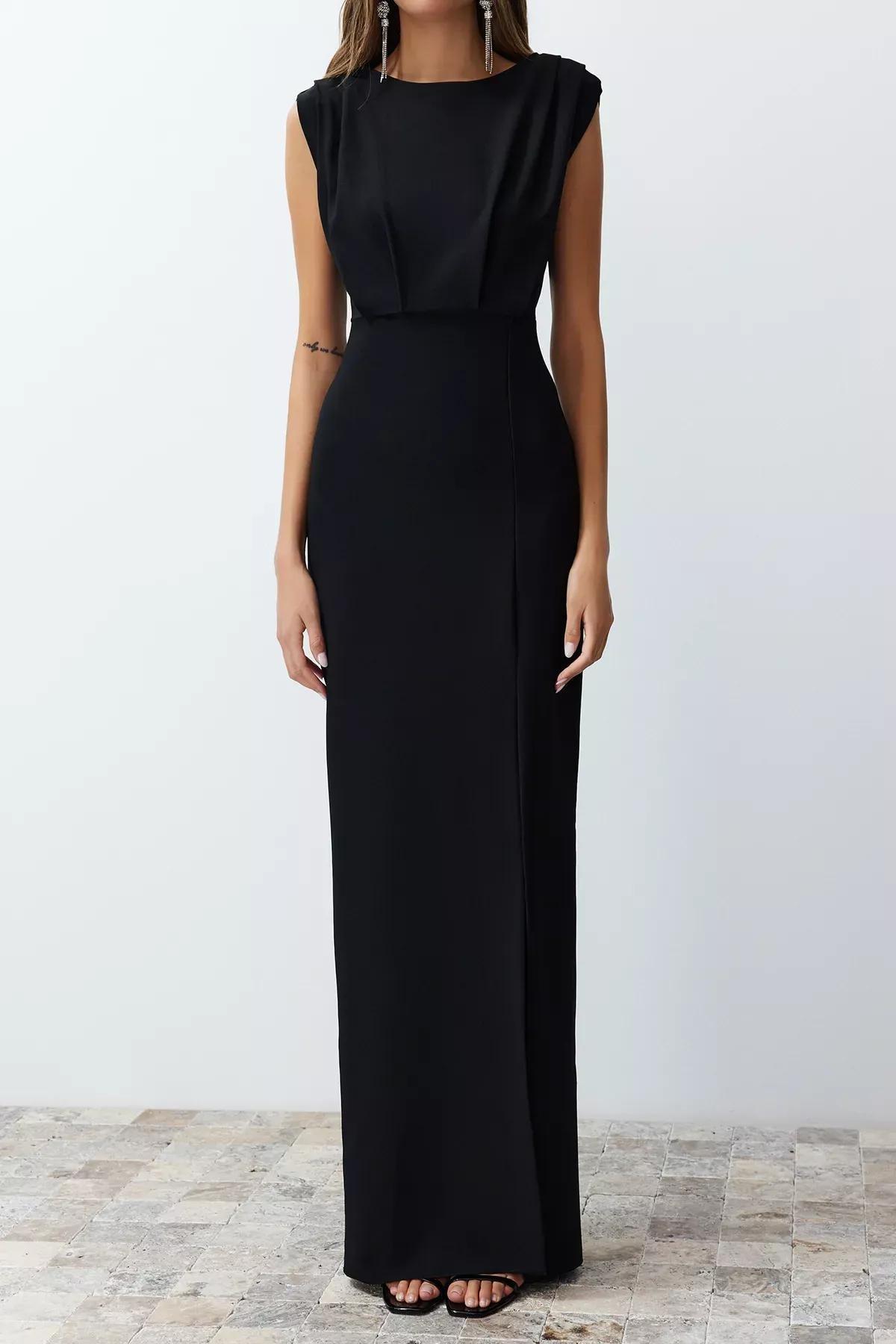 Black Padded Long Occasionwear Dress, BLACK, large image number 4