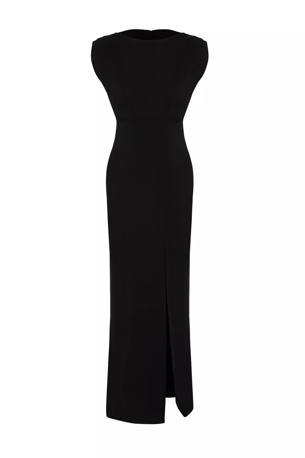 Black Padded Long Occasionwear Dress, BLACK, large image number 6