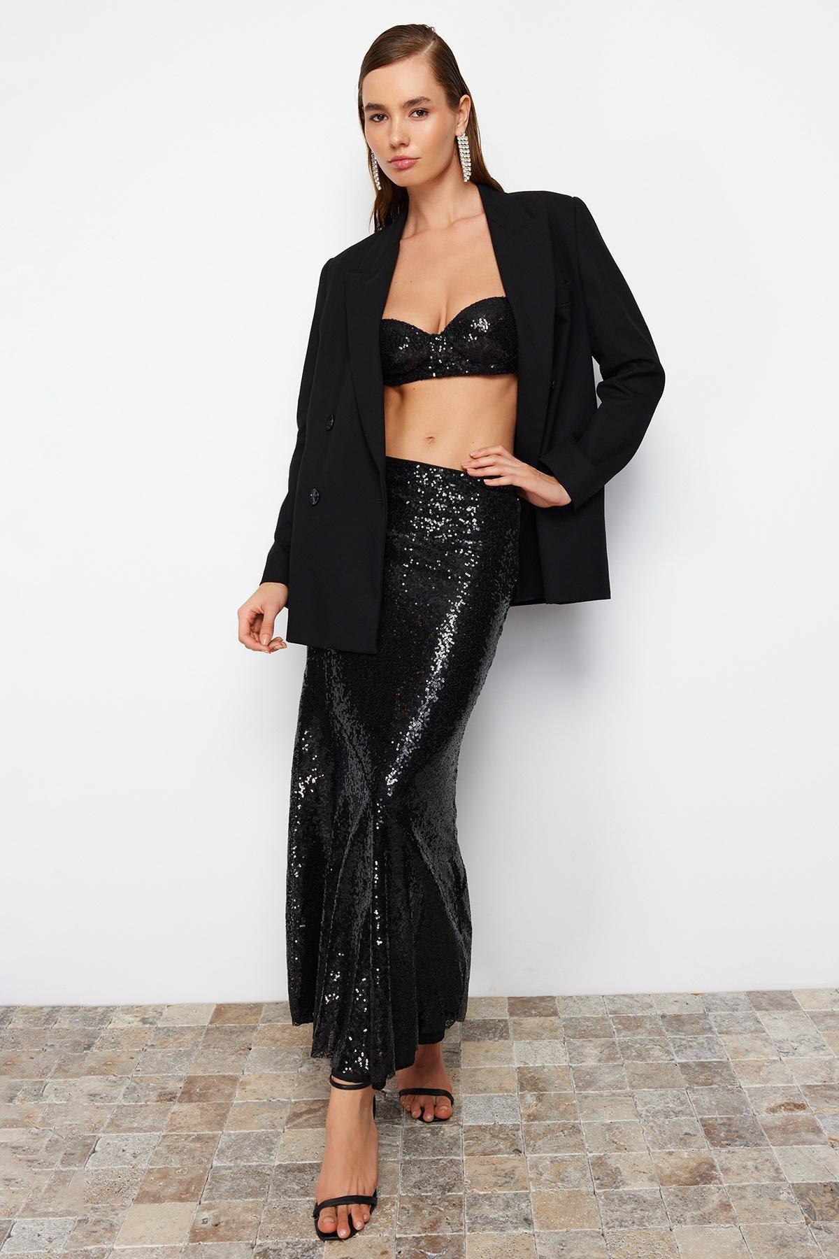 Black Sequined Long Woven Skirt, C101_5720, large image number 0