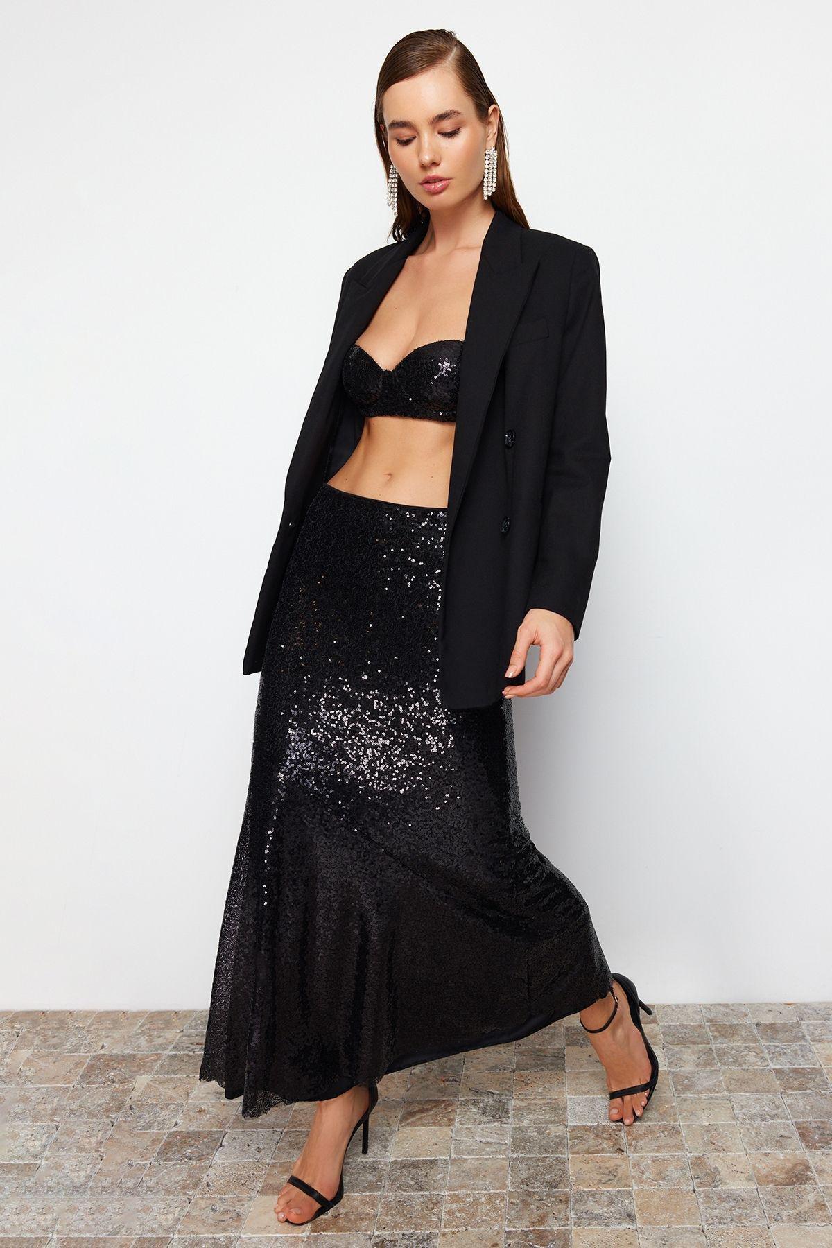 Black Sequined Long Woven Skirt, C101_5720, large image number 1