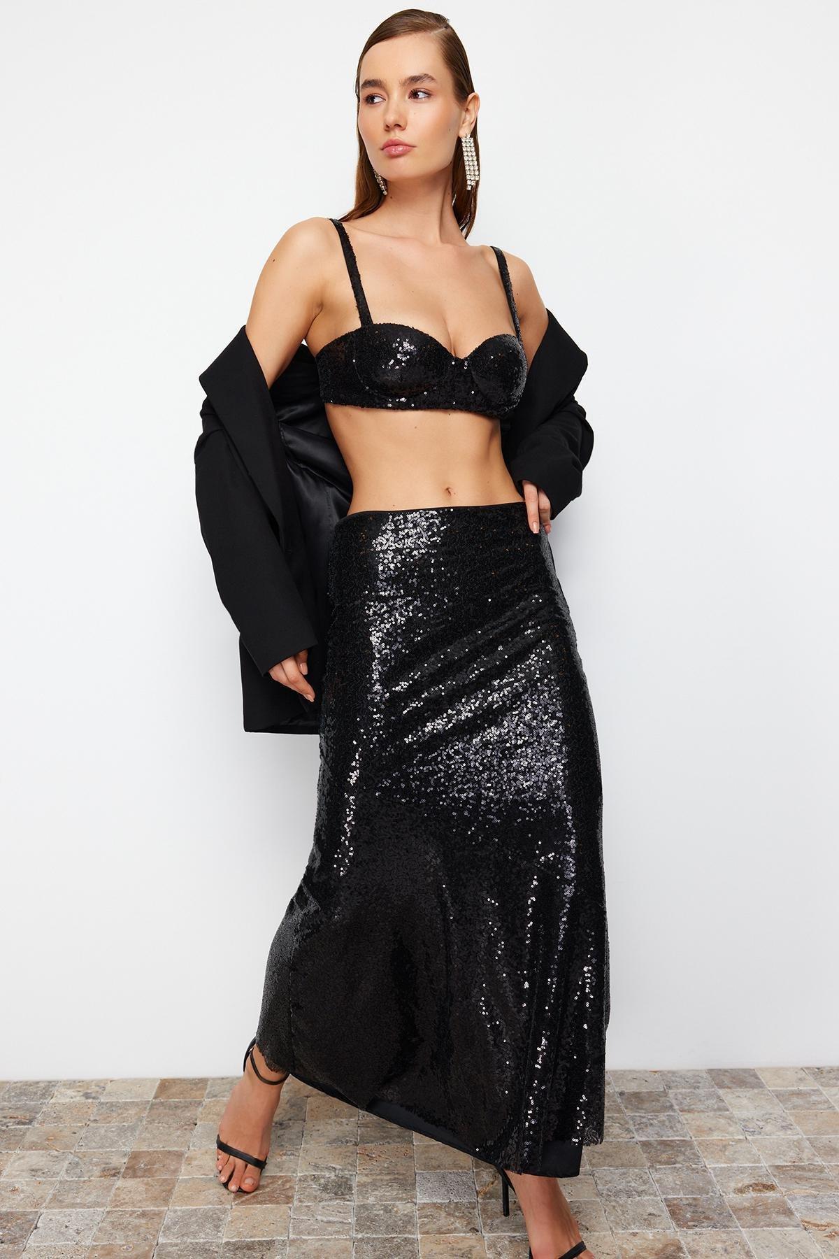 Black Sequined Long Woven Skirt, C101_5720, large image number 2